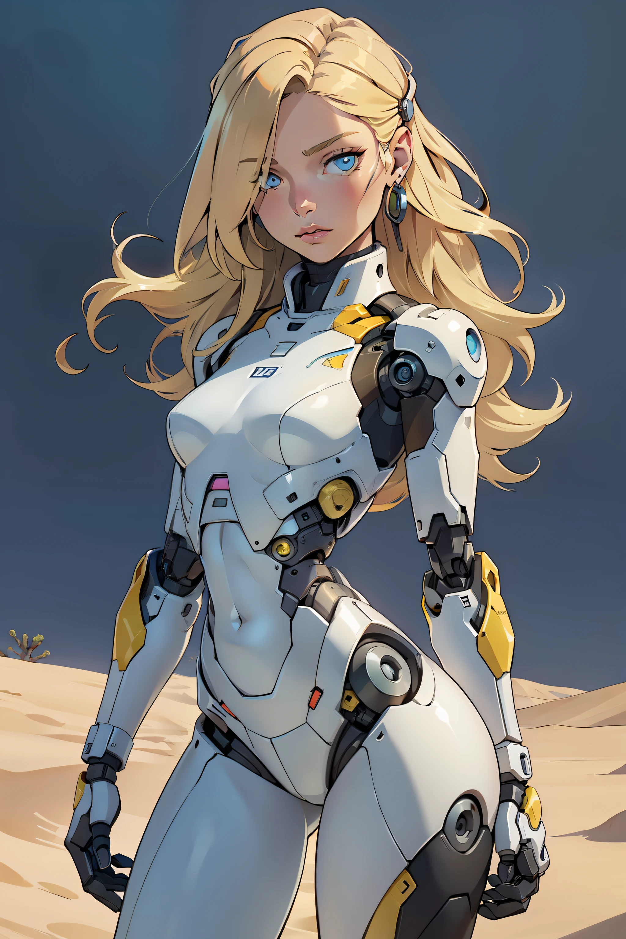 high quality, 4k, masterpiece, beautiful, cyborg girl, cowboy shot, dull eyes, looking at viewer, long blonde hair, girl, small breasts, fit thigh, robotic arms, robotic body, cyborg body, yellow accent, intricate detail, joint, detailed lines, robotic detail, holding fist up, holding hand up as fist, color robotic parts, robotic parts with color, perfect fingers, on a desert planet, sunny background, colorful desert,