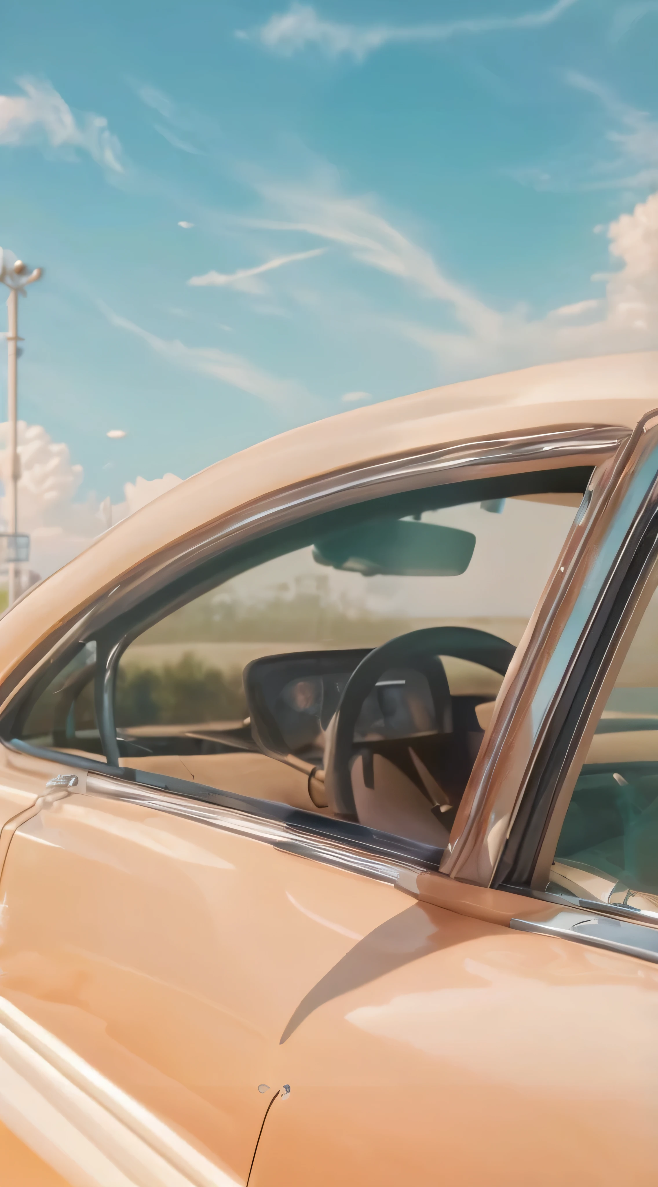 There was a man sitting in the car,There'A dog sitting on the passenger seat, 1 9 7 0 s Car window close-up, sun fade, detail, car photography, automatic photography, brushed rose gold car paint, vehicle photography, inside car全景, See through the car window, inside car, Kodachrome : : 8k