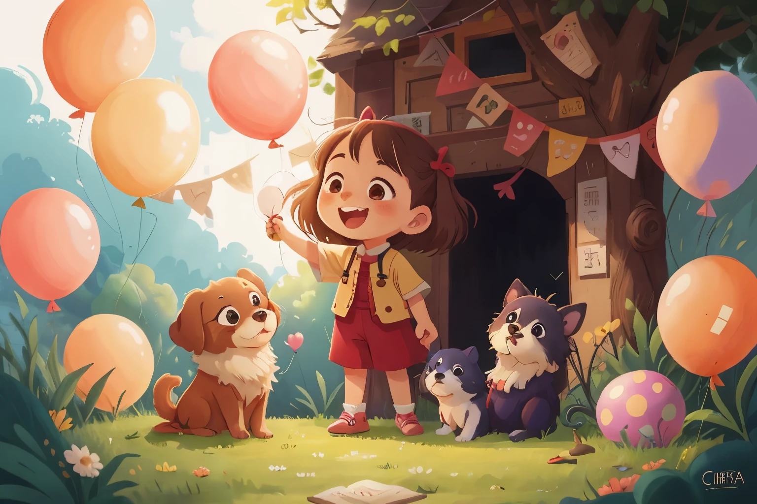 Happy girl. Idyllic. women's clothing children's clothing. Corissa. Simple art. Ghibli-style studio. dog,holding balloons,