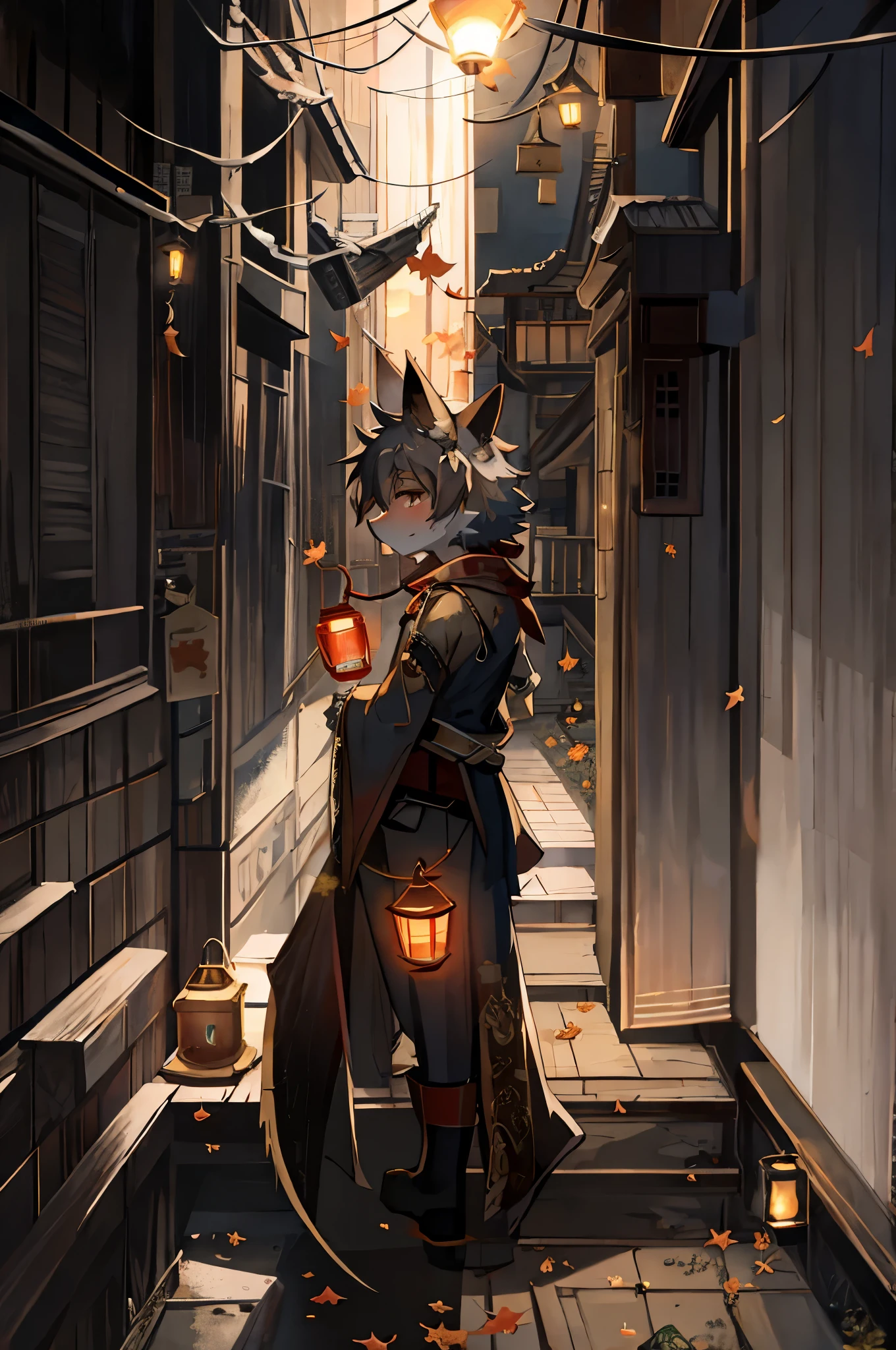 antiquity，Lantern in hand，falling maple leaves，evening