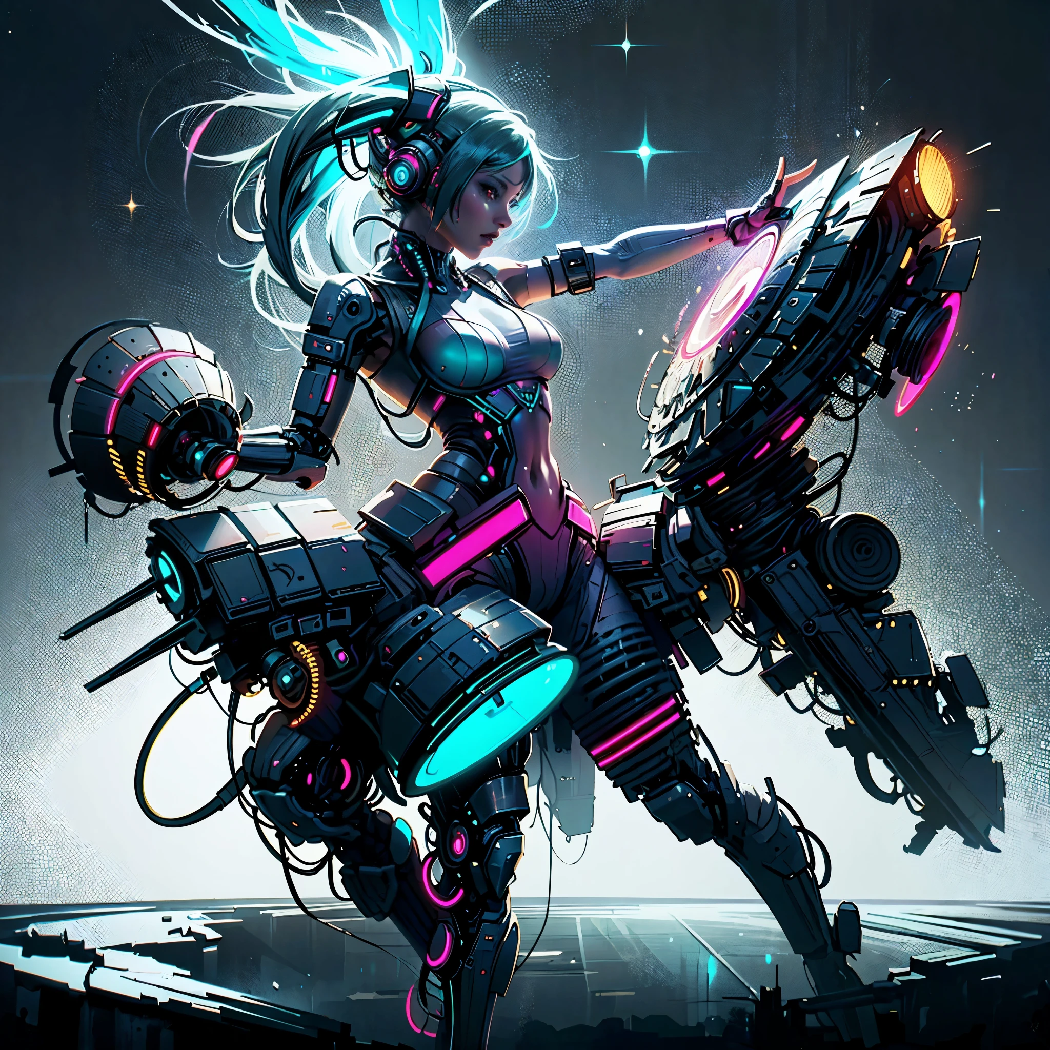 Album art, ultra high definition, dancing with AI: a captivating masterpiece that encapsulates the energy and vibrancy of drum'n'bass and EDM. The sultry silhouette of a woman, dressed in neon colors, moves in perfect harmony with the pulsating AI partner. Every detail is meticulously crafted, from the intricate patterns on her clothing to the dynamic angle of her body, creating an ethereal fusion of human and machine. The club scene comes alive with vivid colors and atmospheric lighting, the ideal backdrop for this mesmerizing dance. Ultra high definition brings every detail to life, immersing you in the music and the moment. Dancing with AI