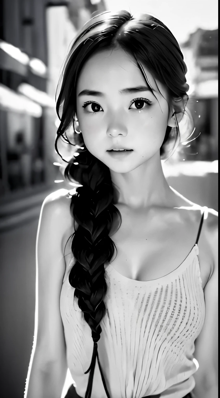 (((film grain,a black and white photo:1.3、RAW photo)))、beautiful woman pictures, summer, very deep, film grain,a black and white photo、RAW photo、 Ilford HP5, 80mm