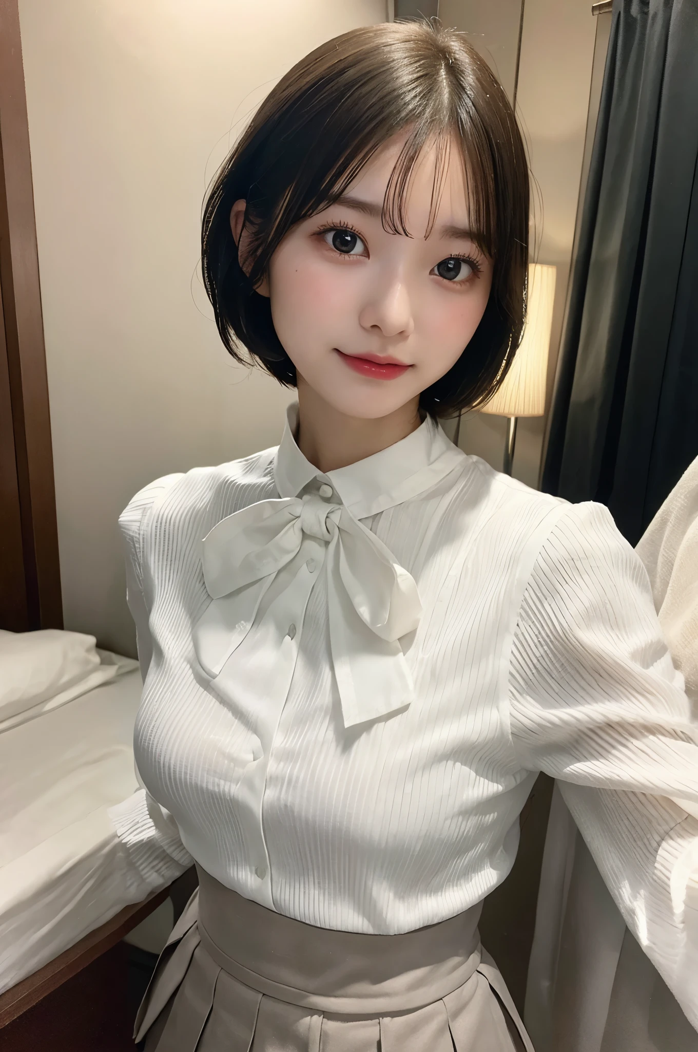 Wearing a white blouse with a long-sleeved collar、wearing a gray pleated skirt、short hair