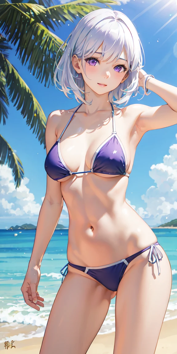 傑作、高画質、realistic, 1girl, white hair, purple eyes, bikini, beach, light particles, light rays, wallpaper