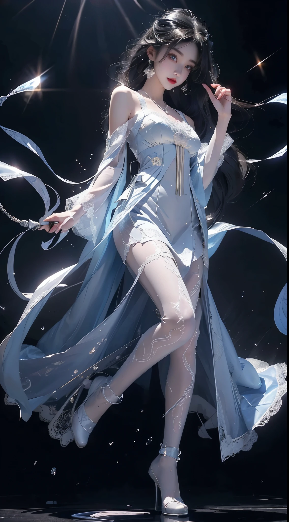 ((full body)), ((from below)), Clear face, pretty face, 8k, masterpiece, original photo, best quality, detail:1.2),lifelike, Extremely detailed CG unified 8k wallpapers, depth of field, film light, lens flare, Ray tracing, (extremely beautiful face, beautiful lips, beautiful eyes), intricate detail face, ((ultra detailed skin)) 1 girl, in the darkness, deep shadow,
Beautiful Korean girl, kpop idol,(Very slim and slender figure:1.3), (bright smile), (City night, (neon sign), (night), Beautiful Korean girl, white diamond earrings, Diameter bracelet, Dia necklace, pantyhose, clear eyes, walk, face forward, (big eyes), ((Lace's ))