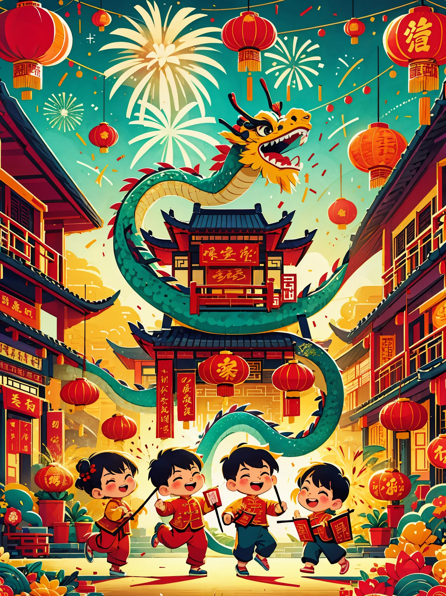 (masterpiece, best quality:1.2), vitality, joy, vector style, illustration, CNY, children, ((dragon dance)), fireworks, lantern, couplets, firecracker, red envelopes, Chinese rural architecture, festive, rich and colorful, Chinese traditional clothing, Spring Festival decoration, Traditional cultural elements, Town Square，Ultra-high saturation，Colorful, bright, super high quality, bright