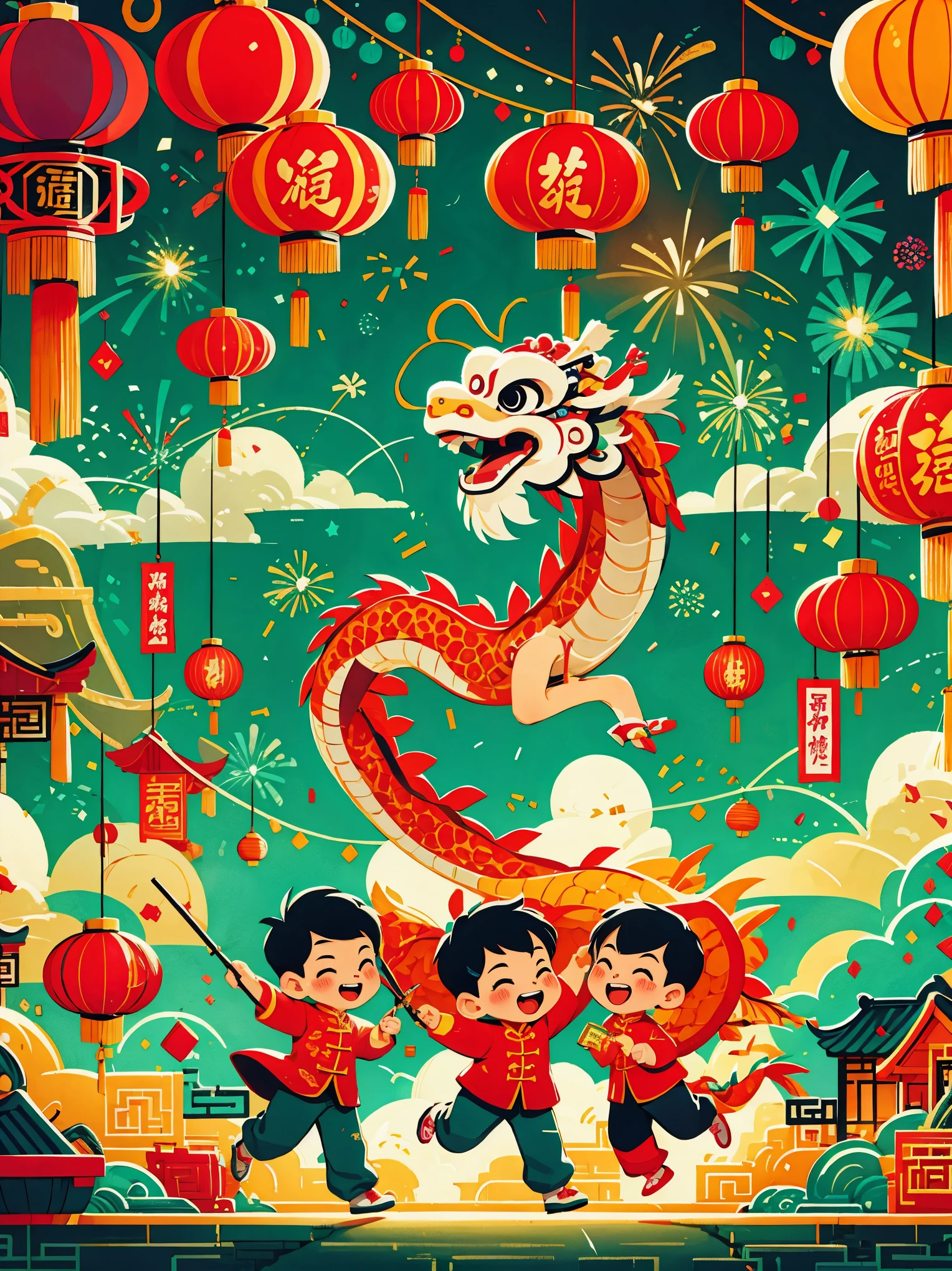 (masterpiece, best quality:1.2), vitality, joy, vector style, illustration, CNY, children, ((dragon dance)), fireworks, lantern, couplets, firecracker, red envelopes, Chinese rural architecture, festive, rich and colorful, Chinese traditional clothing, Spring Festival decoration, Traditional cultural elements, Town Square，Ultra-high saturation，Colorful, bright, super high quality, bright