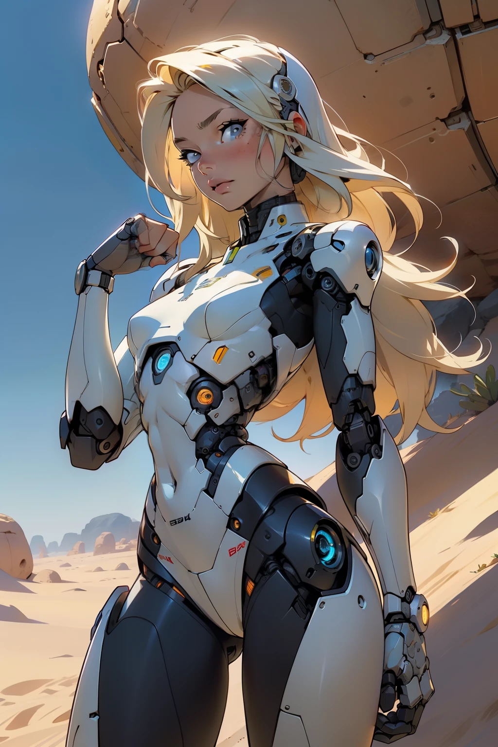 high quality, 4k, masterpiece, beautiful, cyborg girl, cowboy shot, dull eyes, looking at viewer, long blonde hair, girl, small breasts, slim thighs, robotic arms, robotic body, cyborg body, yellow accent, intricate detail, joint, detailed lines, robotic detail, holding fist up, holding hand up as fist, color robotic parts, robotic parts with color, perfect fingers, on a desert planet, sunny background, colorful desert,