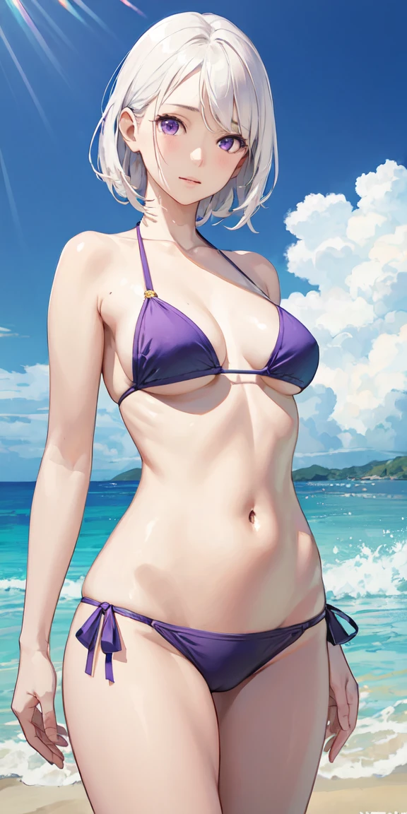 傑作、高画質、realistic, 1girl, white hair, purple eyes, bikini, beach, light particles, light rays, wallpaper