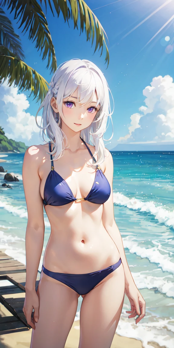 傑作、高画質、realistic, 1girl, white hair, purple eyes, bikini, beach, light particles, light rays, wallpaper