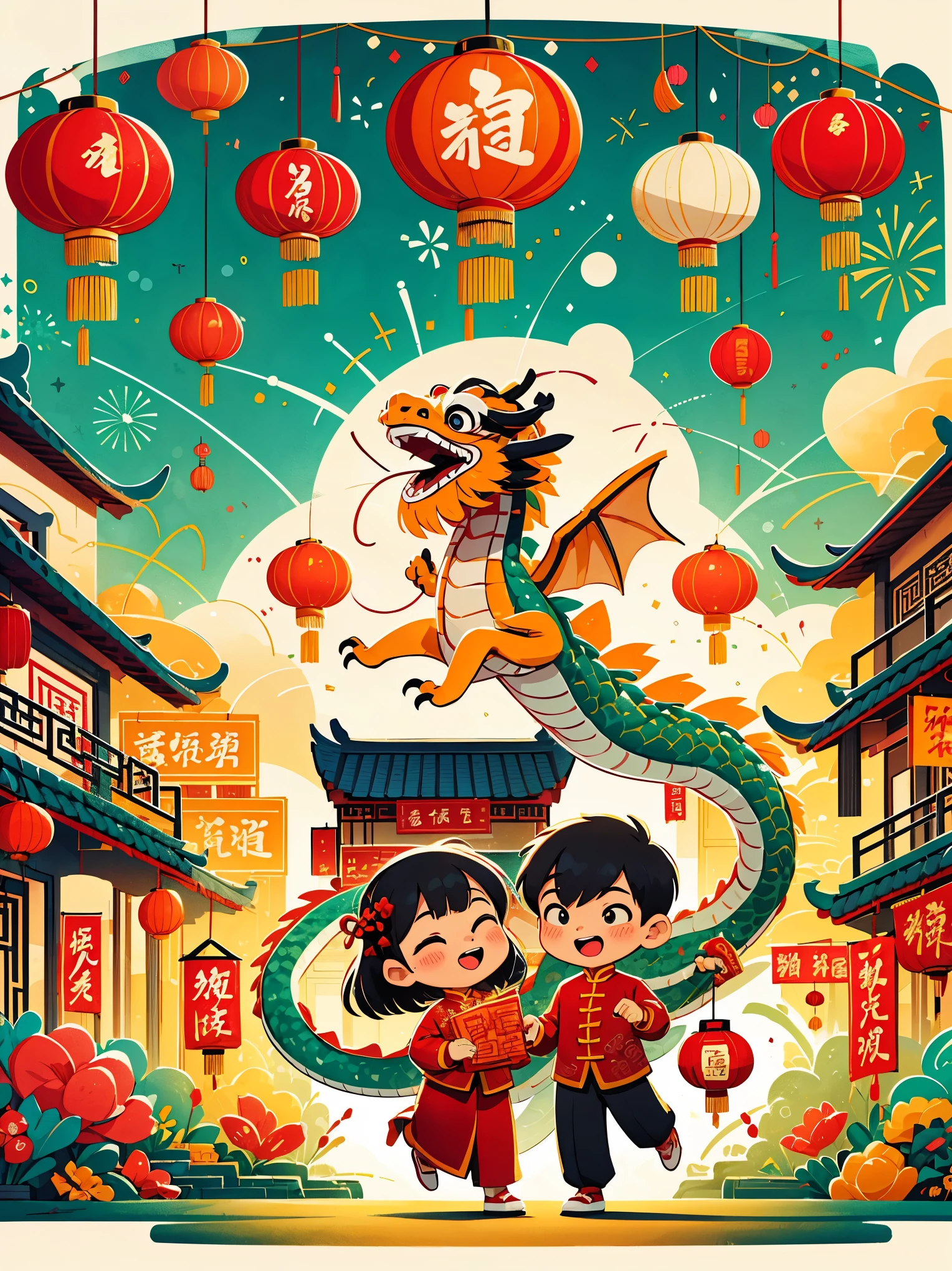 (masterpiece, best quality:1.2), vitality, joy, vector style, illustration, CNY, children, ((dragon dance)), fireworks, lantern, couplets, firecracker, red envelopes, Chinese rural architecture, festive, rich and colorful, Chinese traditional clothing, Spring Festival decoration, Traditional cultural elements, Town Square，Ultra-high saturation，Colorful, bright, super high quality, bright