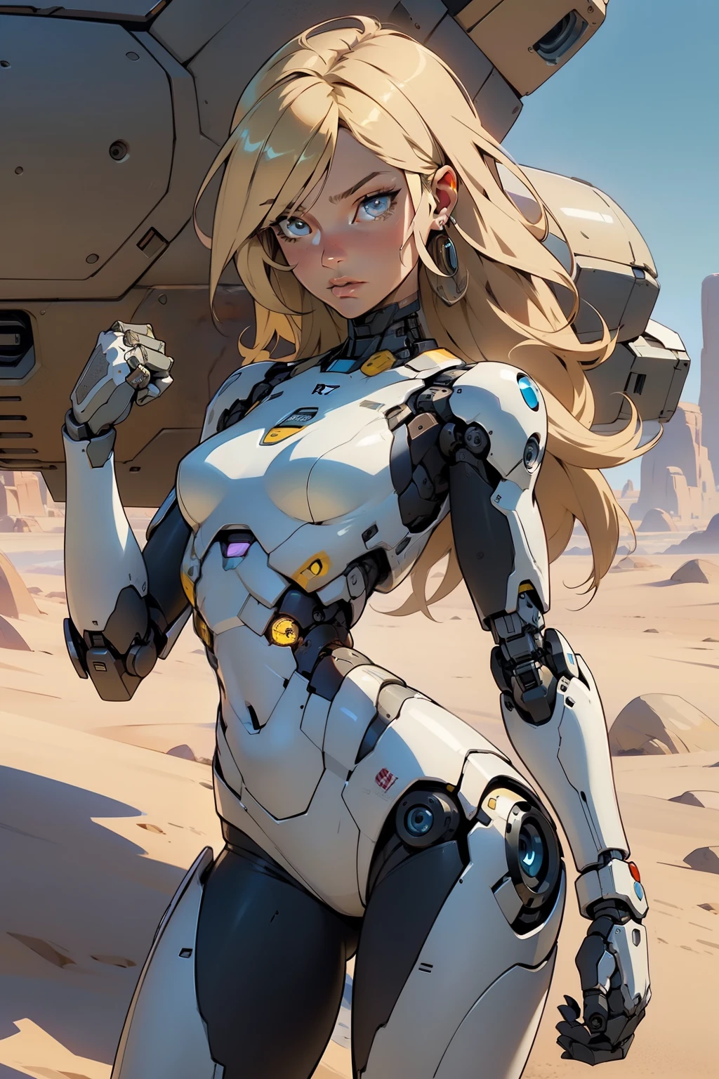 high quality, 4k, masterpiece, beautiful, cyborg girl, cowboy shot, dull eyes, looking at viewer, long blonde hair, girl, small breasts, slim thighs, robotic arms, robotic body, cyborg body, yellow accent, intricate detail, joint, detailed lines, robotic detail, holding fist up, holding hand up as fist, color robotic parts, robotic parts with color, perfect fingers, on a desert planet, sunny background, colorful desert,