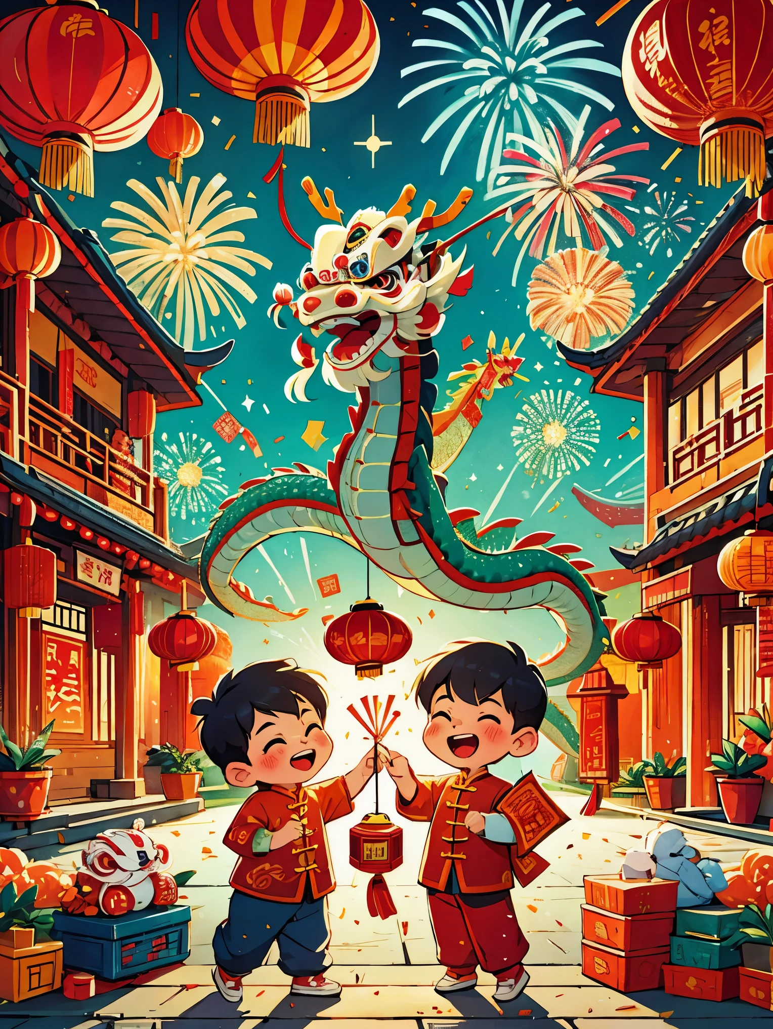 (masterpiece, best quality:1.2), vitality, joy, vector style, illustration, CNY, children, ((dragon dance)), fireworks, lantern, couplets, firecracker, red envelopes, Chinese rural architecture, festive, rich and colorful, Chinese traditional clothing, Spring Festival decoration, Traditional cultural elements, Town Square，Ultra-high saturation，Colorful, bright, super high quality, bright