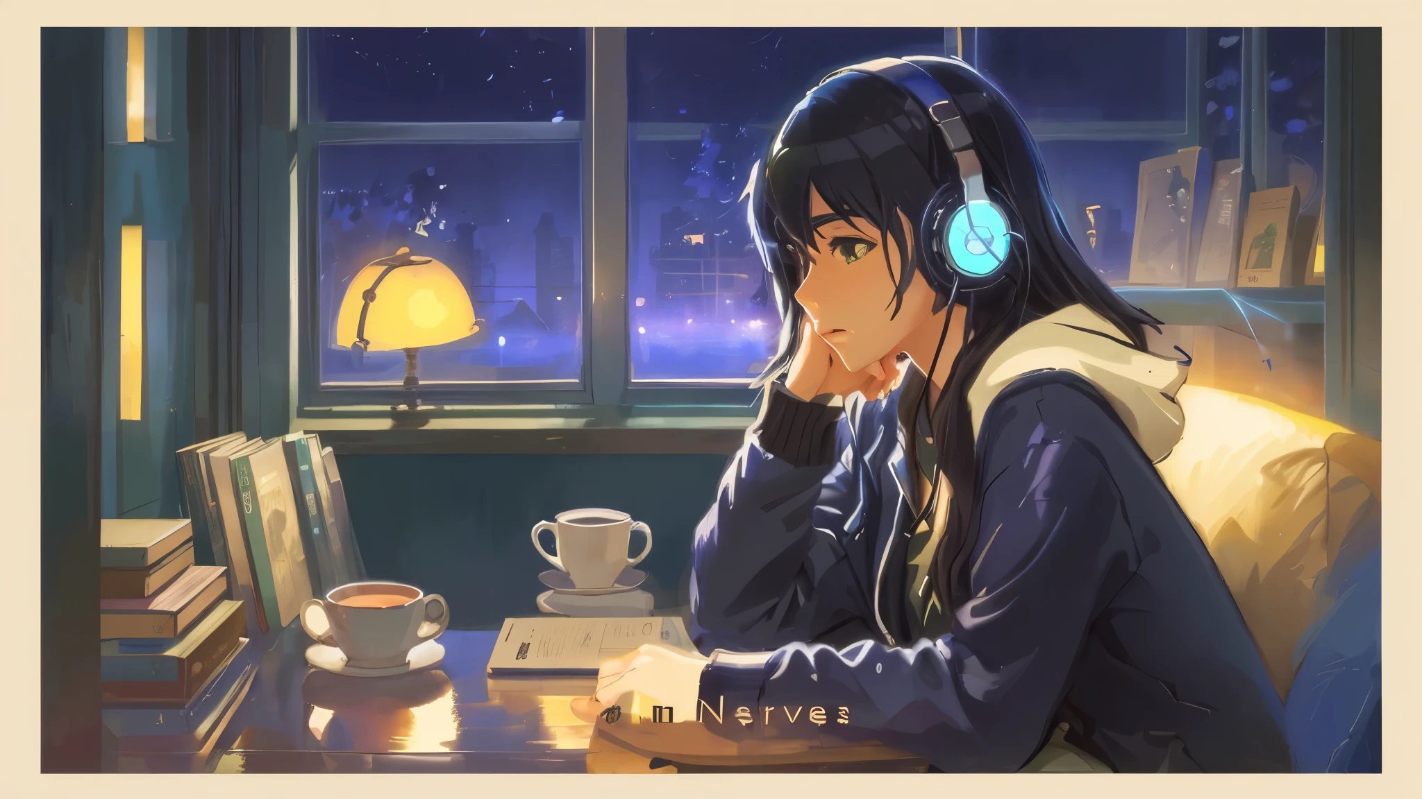 There is a woman sitting at a table with a book and headphones on, lofi girl, anime atmosphere, Gwaites style artwork, portrait of lofi, Lofiatostyle, lobby atmospheres, nostalgic melancholic artwork, Lofiato, ( ( makoto shinkai ) ), Lofi feeling, Listen to the music, lobby atmosphere