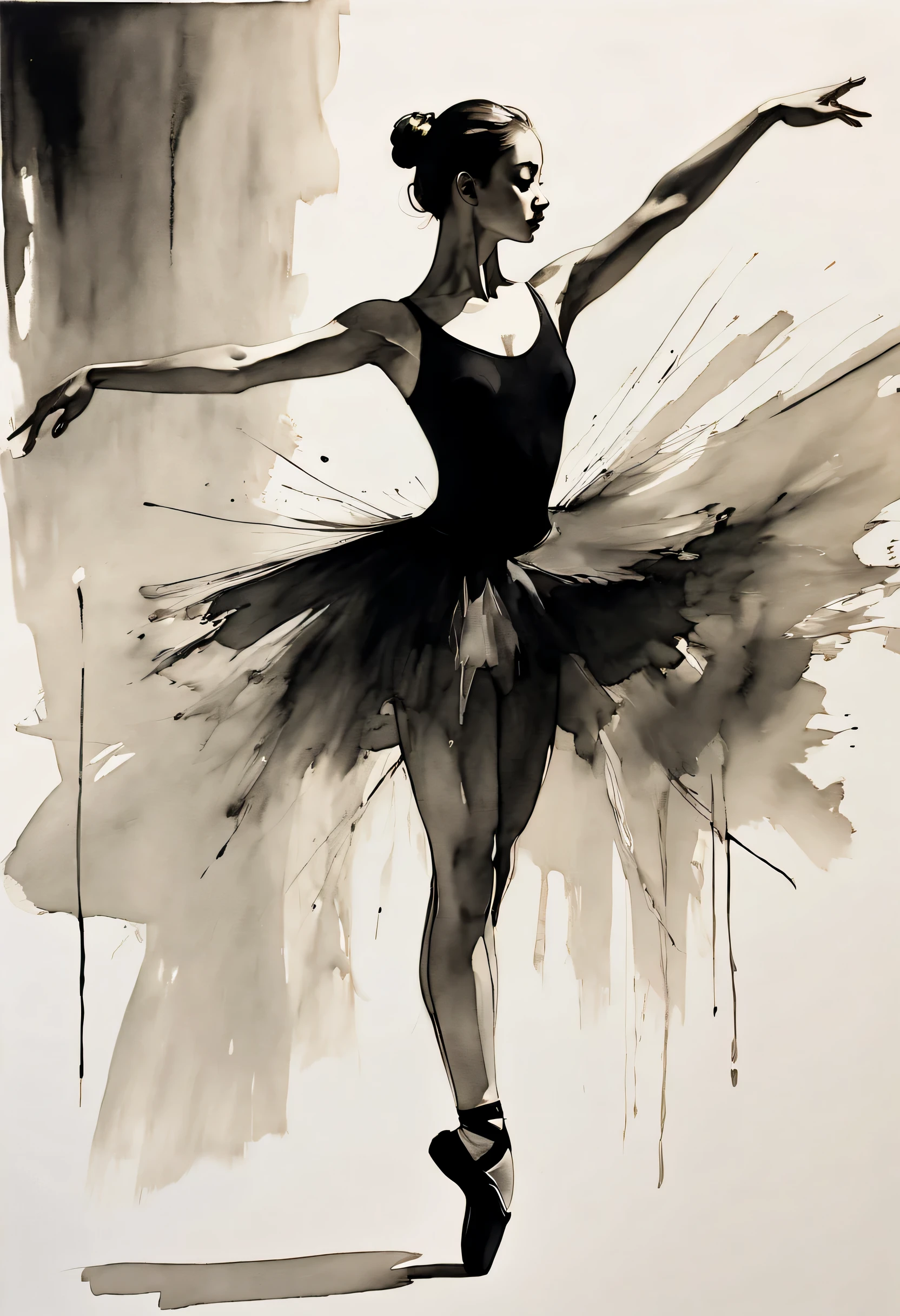 (ballet,girl,ink,fluid lines,expressive,stark contrast,gestures,emotions,simple background,light and shadow,spacious,black ink,ink wash)