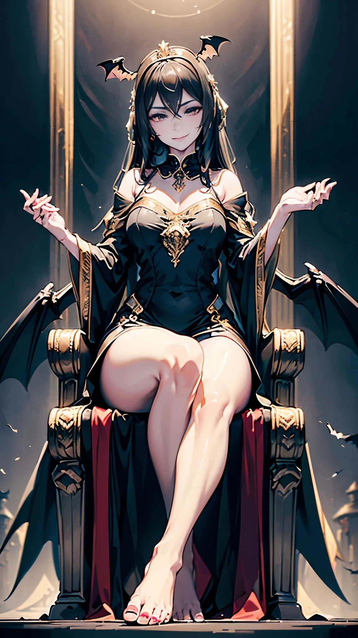 (from below:1.35), (an extremely delicate and beautiful), (dack art deco:1.3),(1 bat queen wearing long gorgeous court dress), (Black bat wings:1.2), (long black hair), (half closed eyes), black eyes, (arrogant:1.4), (contemptuous:1.3), (evil), sitting, (Wicked smile),Gold and black dress, crown, gold necklace, (white gloves:1.2), long sleeves, (Bare feet), (lift one foot), (detailed toes:1.2),(sitting on throne), (palace), big red carpet.