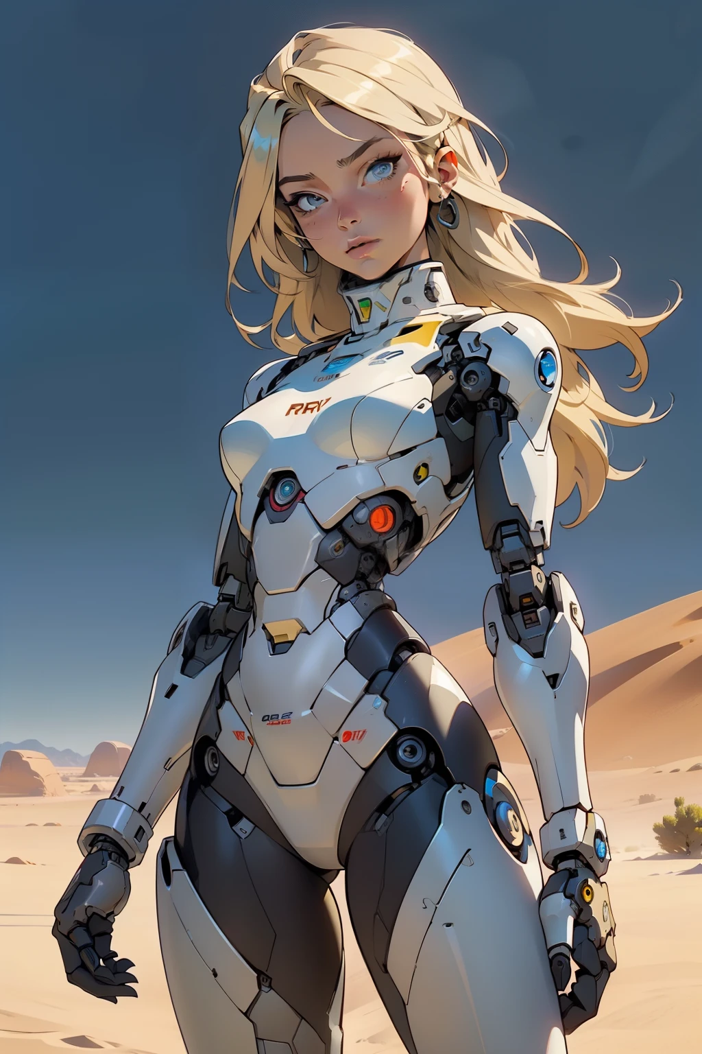 high quality, 4k, masterpiece, beautiful, cyborg girl, cowboy shot, dull eyes, looking at viewer, long blonde hair, girl, small breasts, slim thighs, robotic arms, robotic body, cyborg body, yellow accent, intricate detail, joint, detailed lines, robotic detail, holding fist up, holding hand up as fist, color robotic parts, robotic parts with color, perfect fingers, on a desert planet, sunny background, colorful desert,