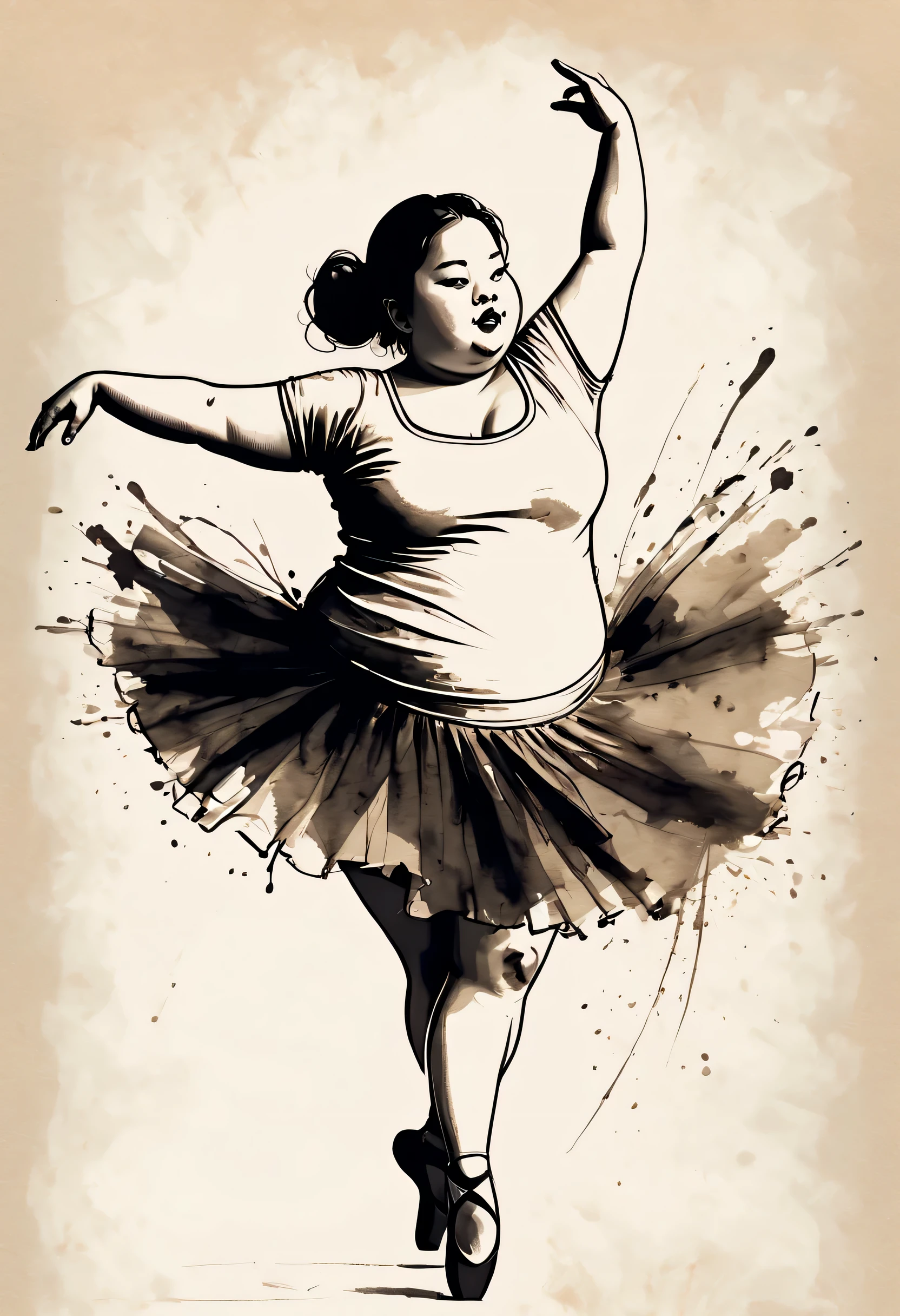 ink painting：Fat  girl dancing ballet，The skirt is stained by ink，Outline the hair with lines，smooth lines，exaggerated expressions and body movements，Displays characters&#39; Express expressions and postures through ink contrast，The background is simple，emphasize light, shadow and space。exaggerated expression