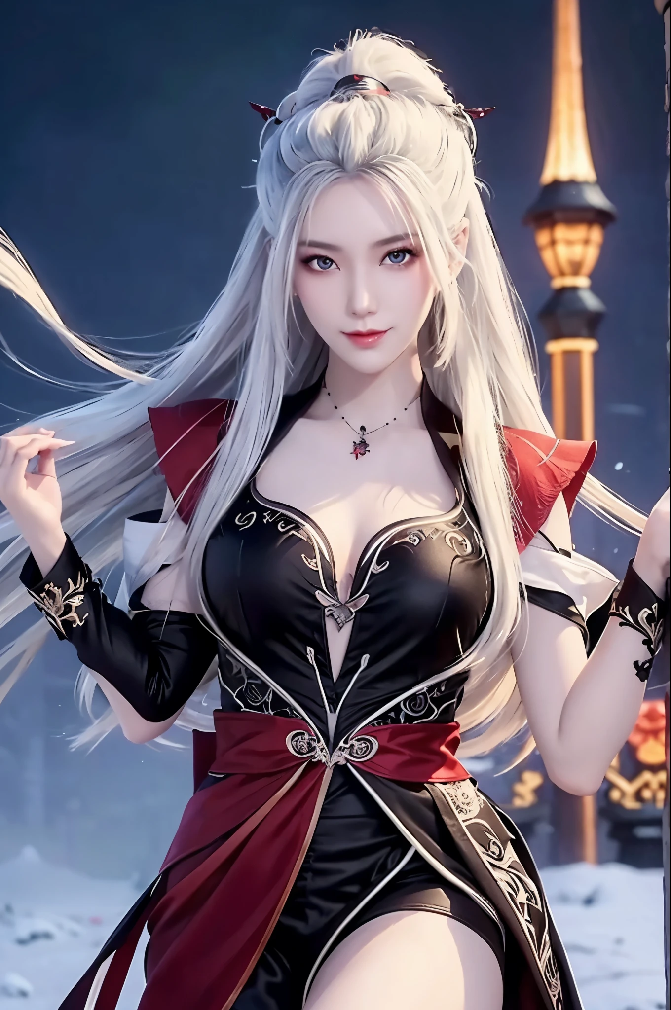 Close-up of a woman with white hair, Portraits of Yang Jie, pixiv contest winners, fantasy art, White-haired God, beautiful figure painting, guweiz style artwork, Snow woman’s sharp gaze, guweiz, with long white hair, with white hair, flowing hair, National Science Foundation, big deal , full-body shot, Smile, sexy look, (witch), red eyes, with fair and smooth skin