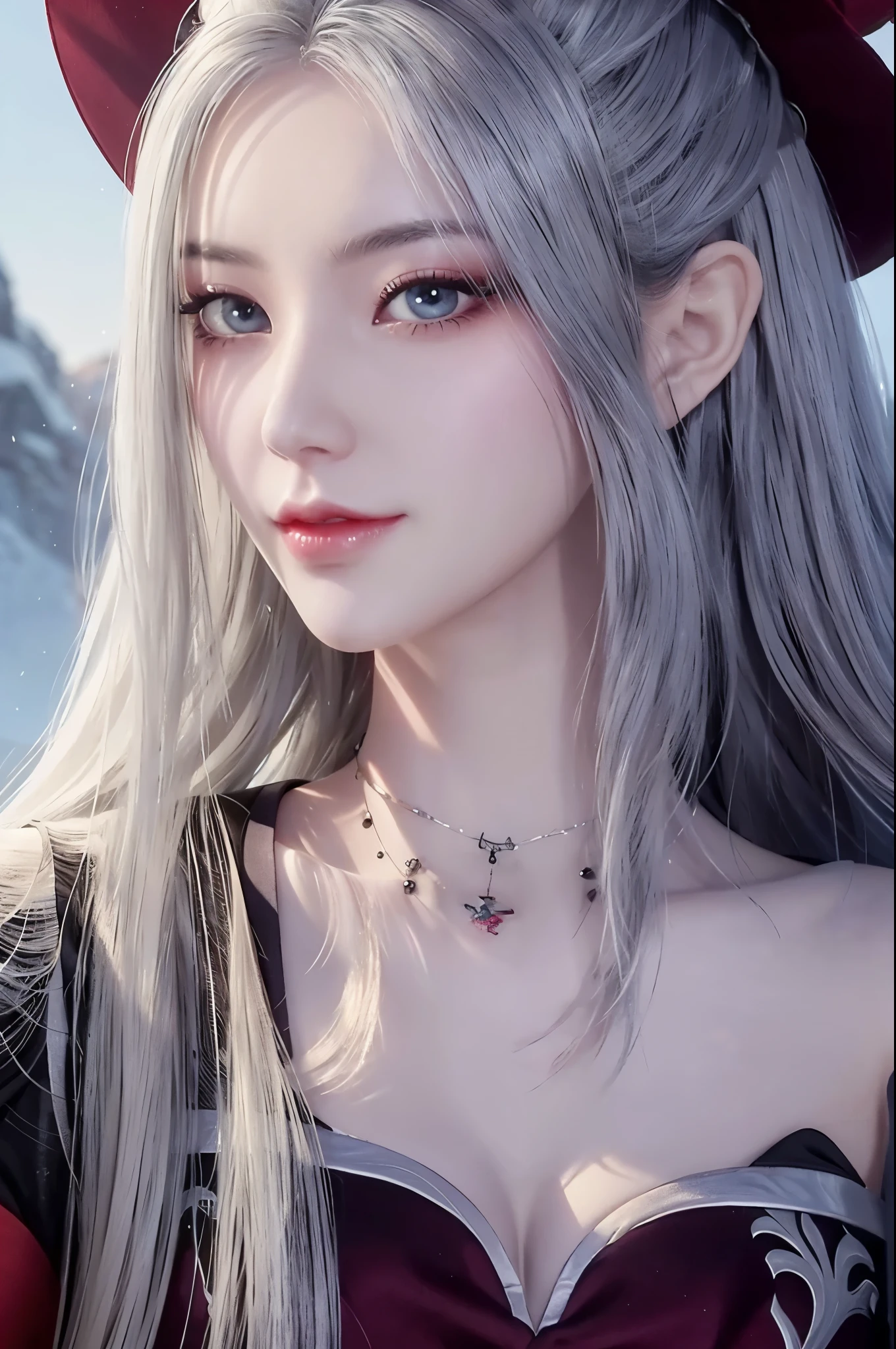 Close-up of a woman with white hair, Portraits of Yang Jie, pixiv contest winners, fantasy art, White-haired God, beautiful figure painting, guweiz style artwork, Snow woman’s sharp gaze, guweiz, with long white hair, with white hair, flowing hair, National Science Foundation, big deal , full-body shot, Smile, sexy look, (witch), red eyes, with fair and smooth skin