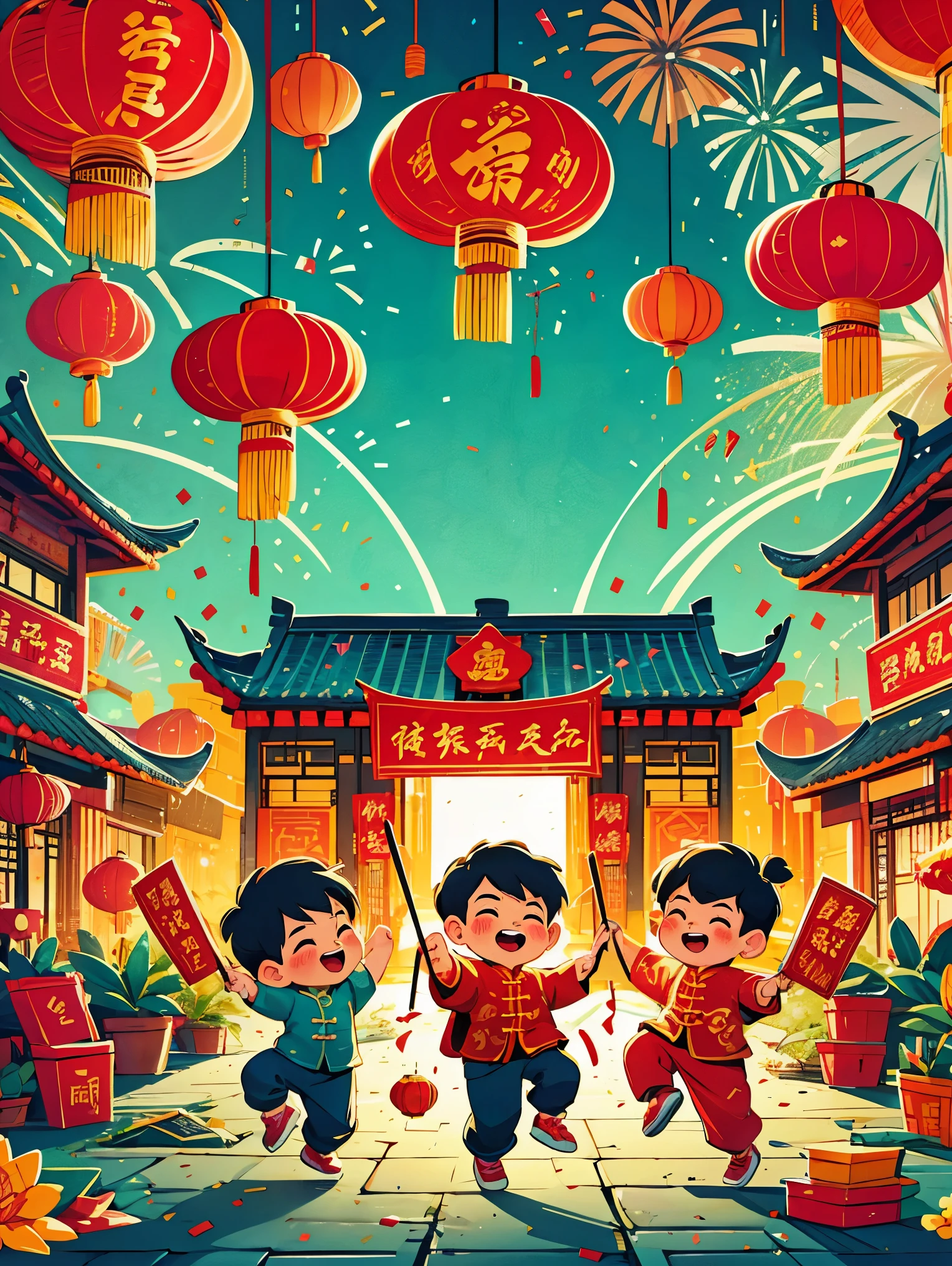 (masterpiece, best quality:1.2), vitality, joy, vector style, illustration, CNY, children, ((dragon dance)), fireworks, lantern, couplets, firecracker, red envelopes, Chinese rural architecture, festive, rich and colorful, Chinese traditional clothing, Spring Festival decoration, Traditional cultural elements, Town Square，Ultra-high saturation，Colorful, bright, super high quality, bright