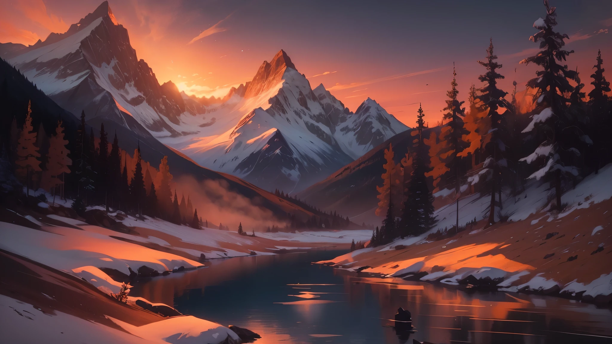 Craft a cinematic sketch that transports viewers to a realm of awe-inspiring beauty. The towering mountains, etched against the canvas of a setting sun, boast rugged peaks and snow-capped summits.

The low-angle perspective accentuates the majestic nature of the mountains, making them appear almost unreachable. As the sun bids farewell, warm hues of orange and pink cascade down the slopes, casting long shadows across the valleys below.

To enhance the cinematic feel, introduce a subtle haze in the atmosphere, creating a dreamlike quality. As the daylight fades, the cool tones of twilight begin to mingle with the warm remnants of sunlight, painting the sky in a palette of indigo and violet.

Include delicate details such as a scattering of evergreen trees clinging to the mountain slopes and a tranquil lake reflecting the celestial transition. The sketch should capture the serene yet powerful energy of nature, inviting viewers to get lost in the grandeur of the moment.

As a final touch, incorporate a few soaring birds in the sky, silhouetted against the fading light, adding a sense of movement and life to the stillness of the mountainous scene. This combination of elements creates a captivating and cinematic landscape that evokes both tranquility and the sublime.