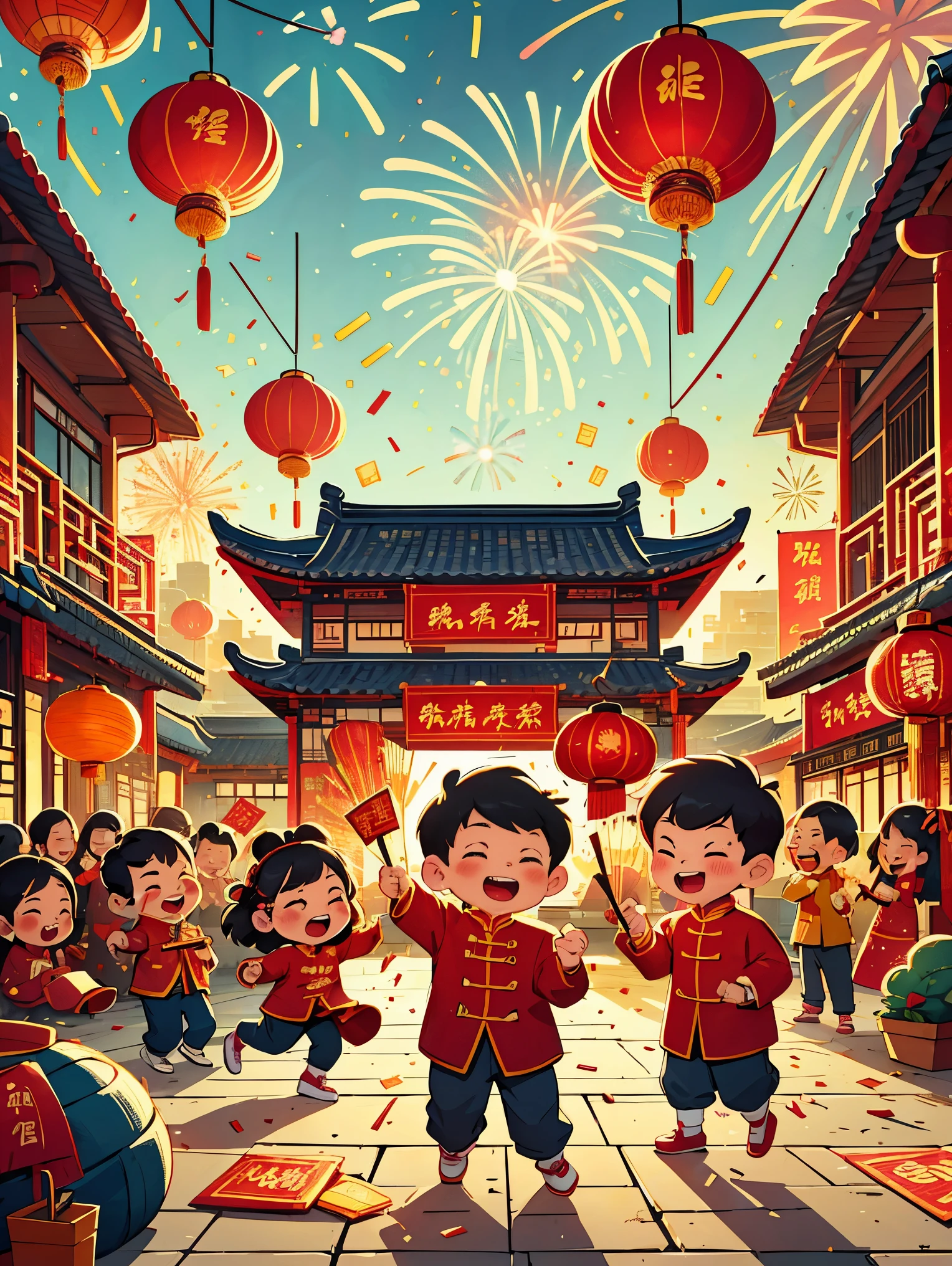 A dynamic and joyful vector-style illustration celebrating the Chinese Lunar New Year. The scene is alive with children playing happily, surrounded by fireworks, firecrackers, and a lion dance performance. The children are dressed in traditional Chinese attire, laughing and holding festive items like lanterns and red envelopes. The background is bustling with decorations typical for the Spring Festival, such as red lanterns and couplets. The atmosphere is festive and colorful, embodying the spirit of Chinese New Year with traditional and cultural elements. The setting is a busy town square with modern Chinese rural architecture