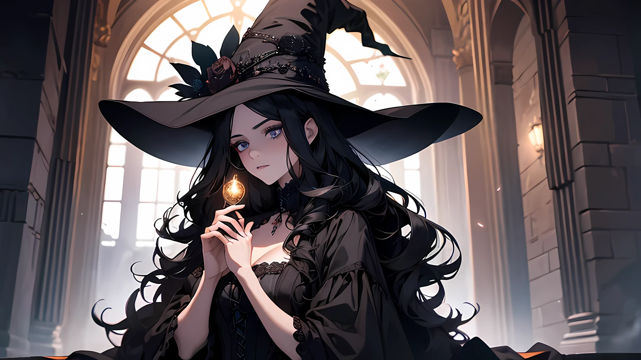 (masterpiece), (best quality), extremely delicate and beautiful, illustration, best_quality ,head, black_magic, 1girl, long hair, black hair, (full body:1.2), witchy_fashion, witch_hat, gothic_witch, gothic_darkness, (gothic_makeup:1.1), scenary, cowboy shot, depth of field, HDR, intricate, delicate, it was because she was the greatest magic user of the kingdom. This beautiful woman in black dress, who held the two names of Orvieto Richternach and Witch of Sunlight