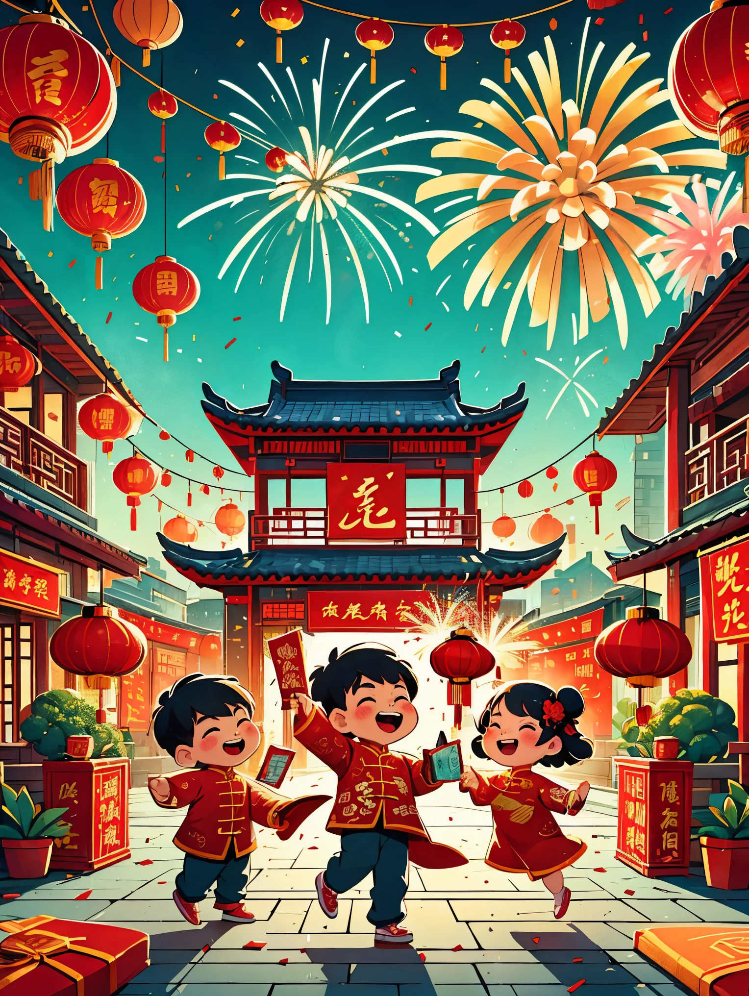 A dynamic and joyful vector-style illustration celebrating the Chinese Lunar New Year. The scene is alive with children playing happily, surrounded by fireworks, firecrackers, and a lion dance performance. The children are dressed in traditional Chinese attire, laughing and holding festive items like lanterns and red envelopes. The background is bustling with decorations typical for the Spring Festival, such as red lanterns and couplets. The atmosphere is festive and colorful, embodying the spirit of Chinese New Year with traditional and cultural elements. The setting is a busy town square with modern Chinese rural architecture