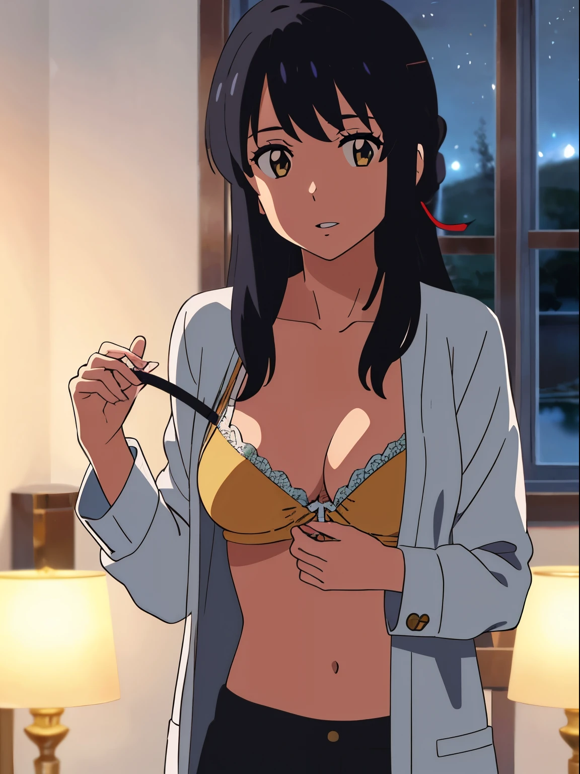 shinkai makoto, kimi no na wa., 1girl, bangs, black hair, brown eyes, waterfall braid, red ribbon, long hair, long sleeve light yellow cardigan, open shirt, yellow shirt, cleavage, breast, medium breast, showing white bra, undressing, undressing Cardigan, solo, parted lips, looking at the viewer, sexy pose, cute, bedroom, night, lamp, masterpiece,