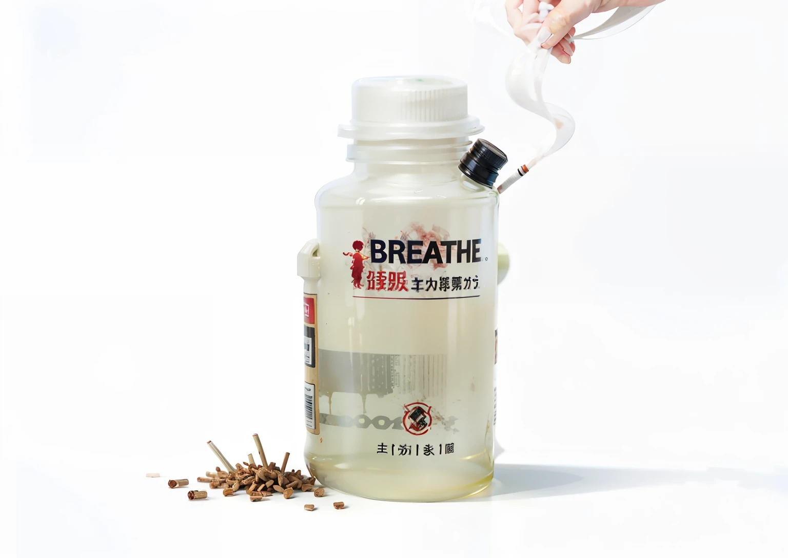 smoked cigarette butts,Spread around the bottle