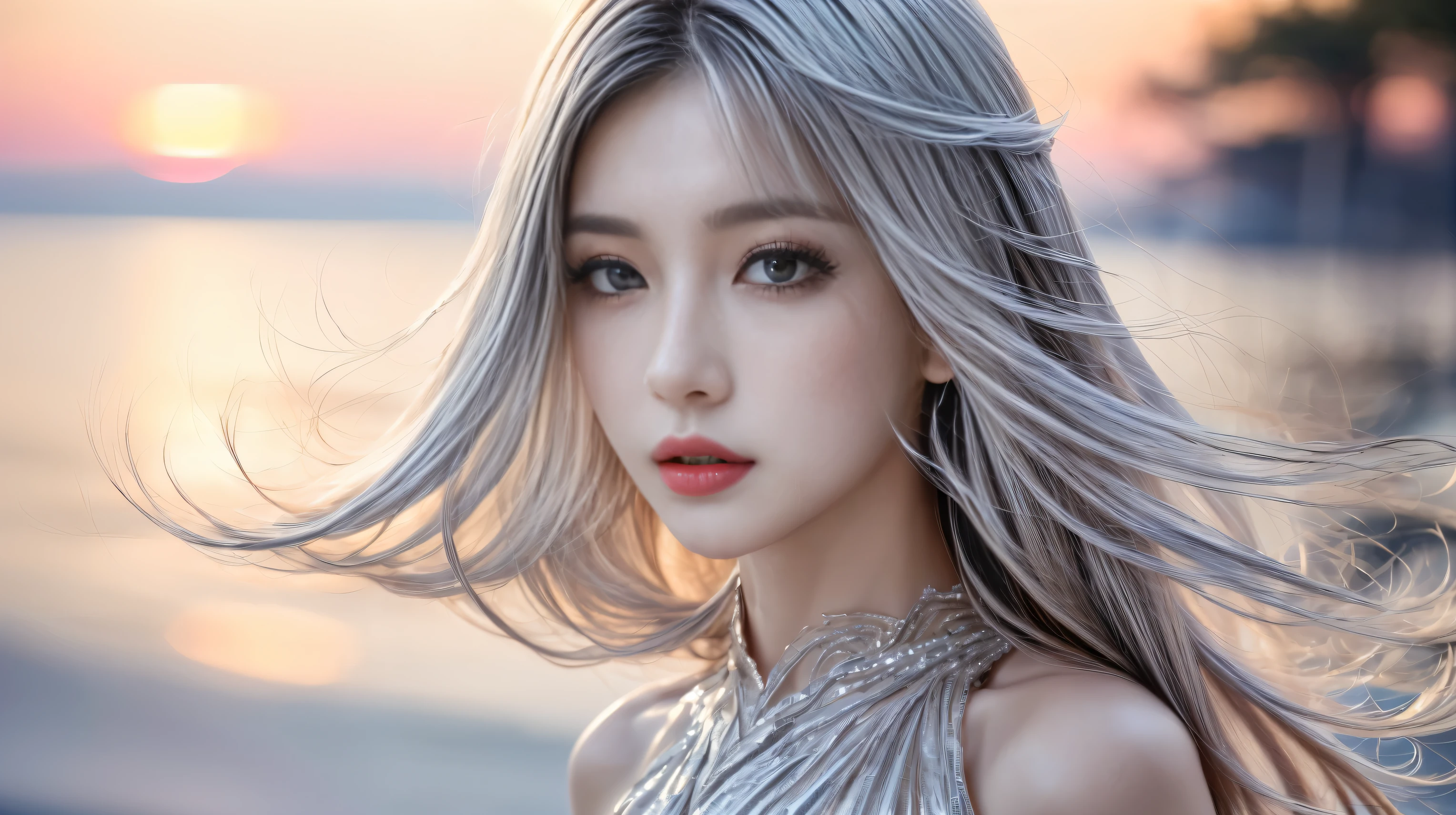 (1 girl, medium length hair, silver hair, Exquisitely perfect symmetric very gorgeous face, perfect breasts, Exquisite delicate crystal clear skin, Detailed beautiful delicate eyes, perfect slim body shape, slender and beautiful fingers:0.9,nice hands, perfect hands, full_body,), dressing fashionable outfit,Young beauty spirit