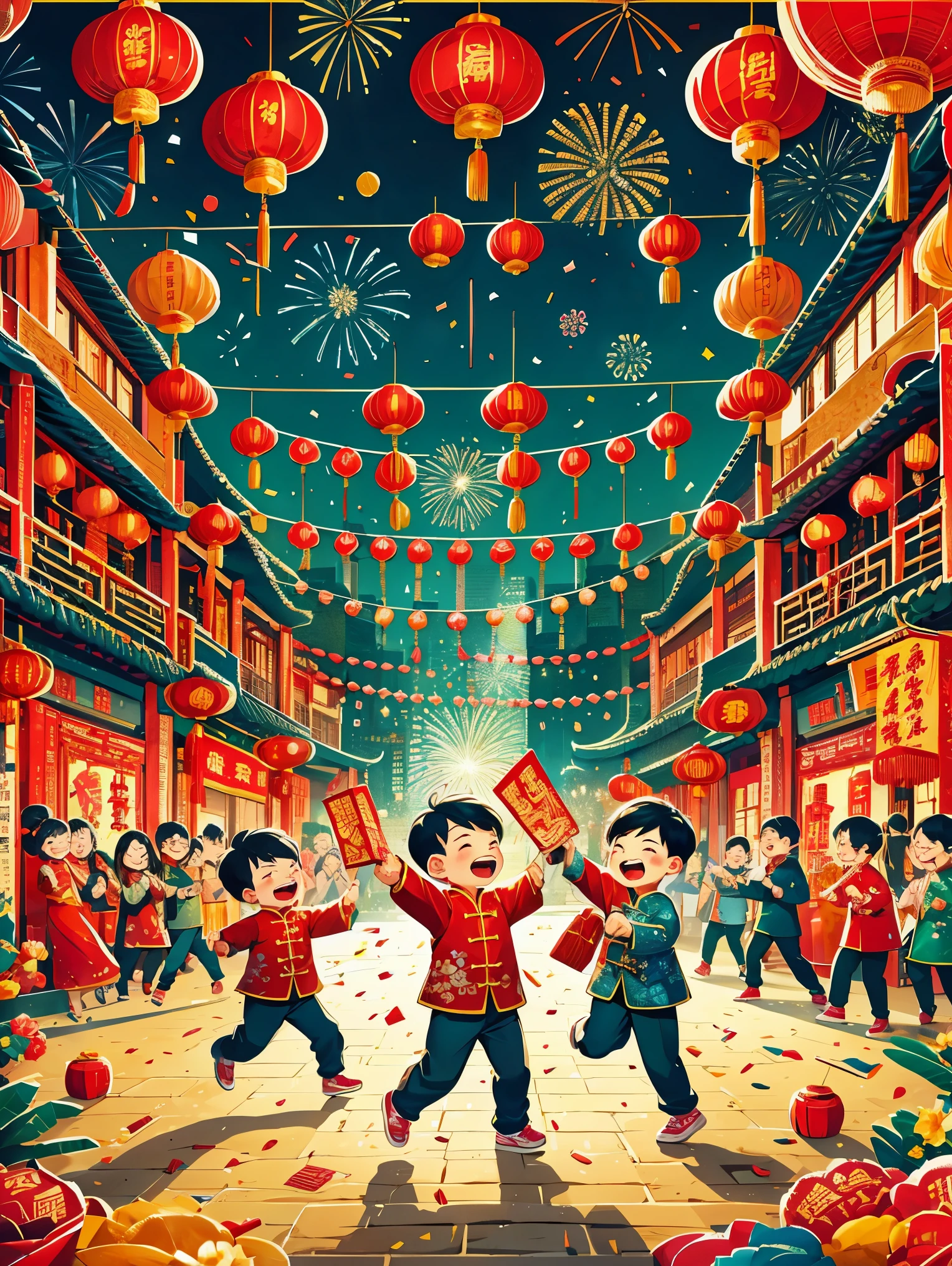 A dynamic and joyful vector-style illustration celebrating the Chinese Lunar New Year. The scene is alive with children playing happily, surrounded by fireworks, firecrackers, and a lion dance performance. The children are dressed in traditional Chinese attire, laughing and holding festive items like lanterns and red envelopes. The background is bustling with decorations typical for the Spring Festival, such as red lanterns and couplets. The atmosphere is festive and colorful, embodying the spirit of Chinese New Year with traditional and cultural elements. The setting is a busy town square with modern Chinese rural architecture