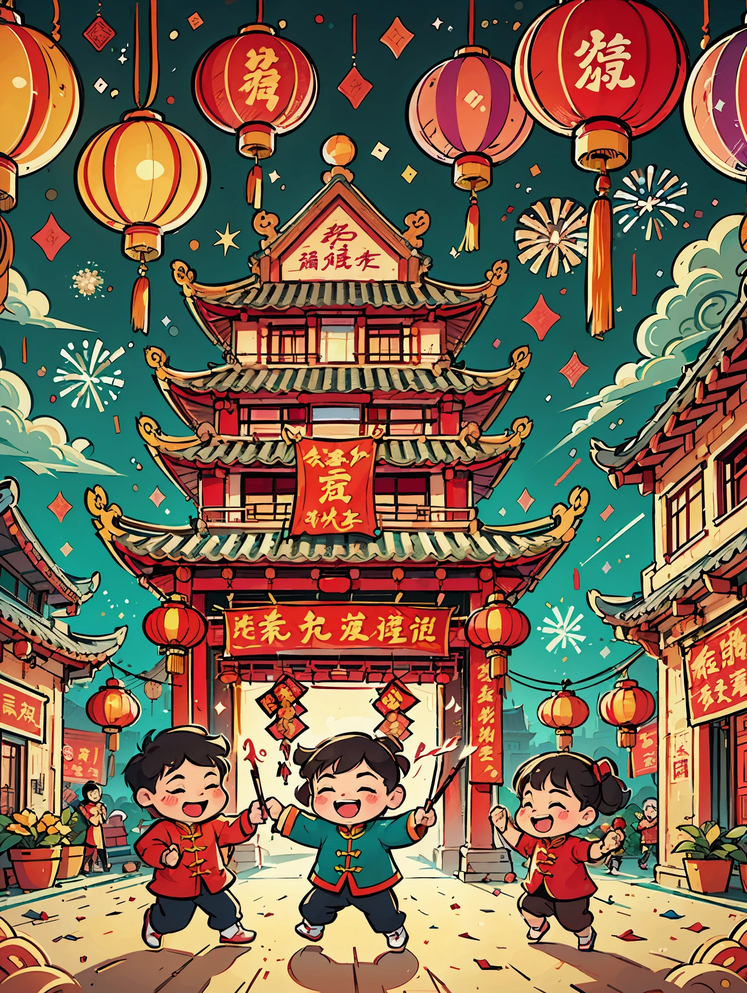 A dynamic and joyful vector-style illustration celebrating the Chinese Lunar New Year. The scene is alive with children playing happily, surrounded by fireworks, firecrackers, and a lion dance performance. The children are dressed in traditional Chinese attire, laughing and holding festive items like lanterns and red envelopes. The background is bustling with decorations typical for the Spring Festival, such as red lanterns and couplets. The atmosphere is festive and colorful, embodying the spirit of Chinese New Year with traditional and cultural elements. The setting is a busy town square with modern Chinese rural architecture