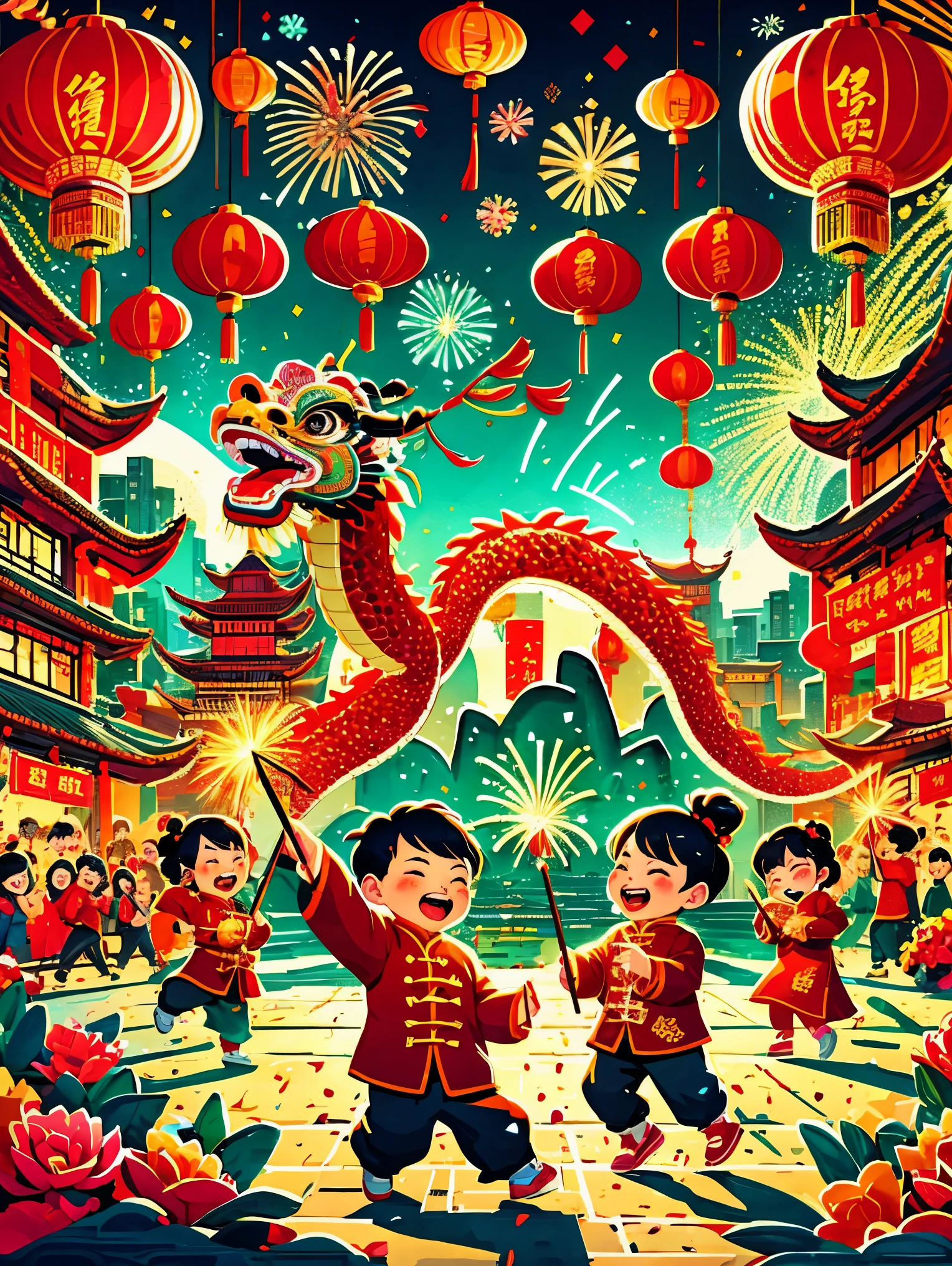 masterpiece, best quality:1.2), vitality, joy, vector style, illustration, CNY, children, dragon dance，fireworks, lantern, couplets, firecracker, red envelopes, Chinese rural architecture, festive, rich and colorful, Chinese traditional clothing, Spring Festival decoration, Traditional cultural elements, Town Square，Ultra-high saturation，Colorful, bright, super high quality, bright