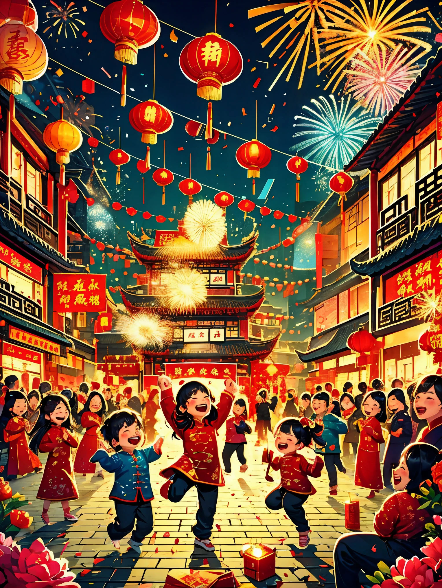 masterpiece, best quality:1.2), vitality, joy, vector style, illustration, CNY, children, dragon dance,fireworks, lantern, couplets, firecracker, red envelopes, Chinese rural architecture, festive, rich and colorful, Chinese traditional clothing, Spring Festival decoration, Traditional cultural elements, Town Square,Ultra-high saturation,Colorful, bright, super high quality, bright