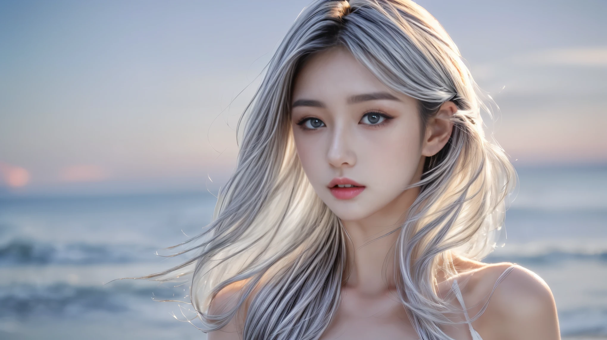 (1 girl, medium length hair, silver hair, Exquisitely perfect symmetric very gorgeous face, perfect breasts, Exquisite delicate crystal clear skin, Detailed beautiful delicate eyes, perfect slim body shape, slender and beautiful fingers:0.9,nice hands, perfect hands, full_body,), dressing fashionable outfit,Young beauty spirit