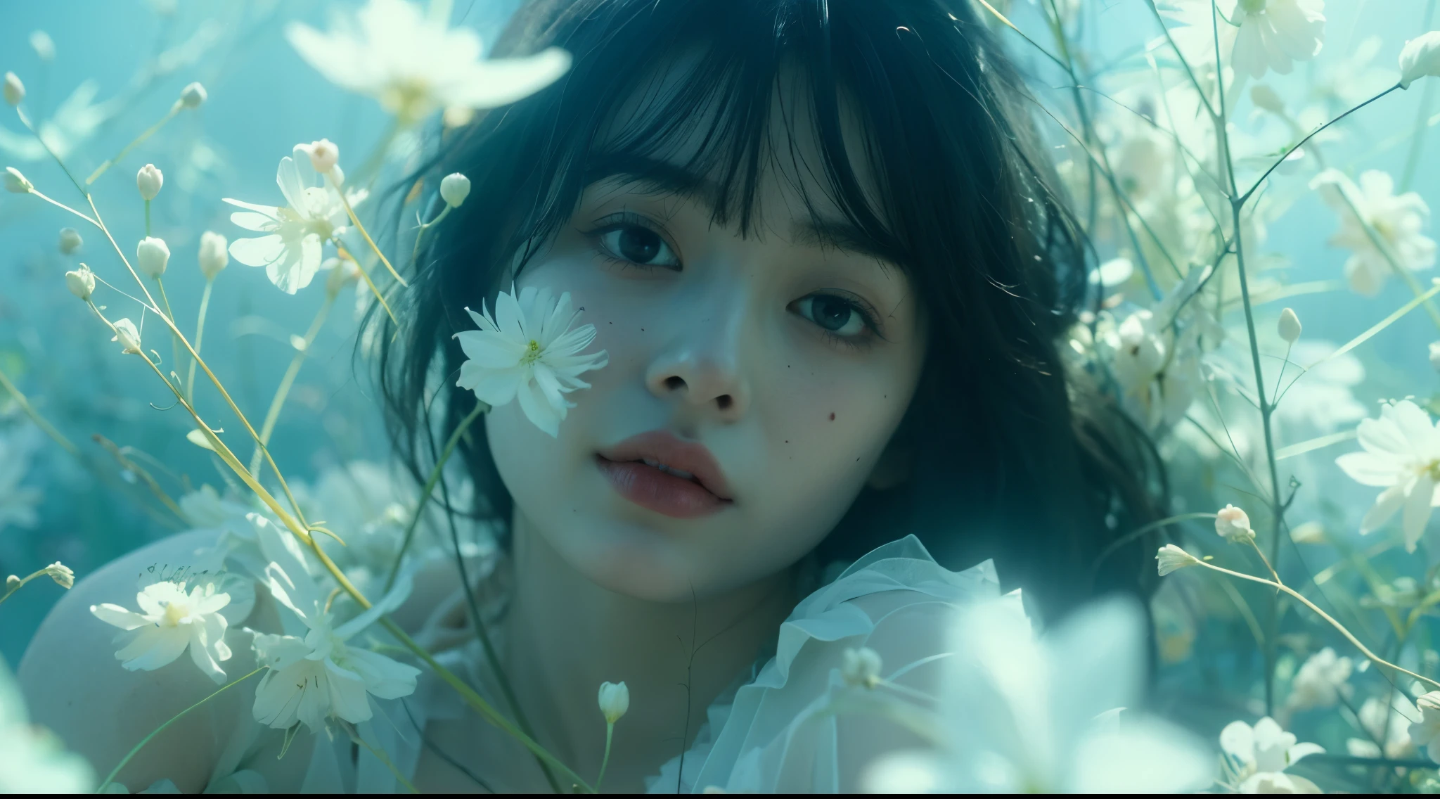 4m4nd4s-v2 woman, 1girl, flower, solo, black hair, realistic, looking at viewer, parted lips, lips,  mole, freckles, white flower, depth of field, bangs, short hair, nose realistic, soft lighting, professional Photography, Photorealistic, detailed, RAW, analog, sharp focus, 8k, HD, DSLR, high quality, Fujifilm XT3, film grain, award winning, masterpiece