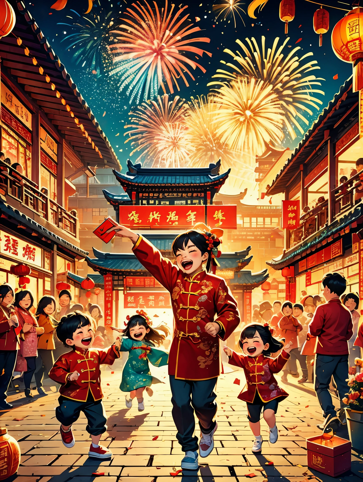 masterpiece, best quality:1.2), vitality, joy, vector style, illustration, CNY, children, dragon dance，fireworks, lantern, couplets, firecracker, red envelopes, Chinese rural architecture, festive, rich and colorful, Chinese traditional clothing, Spring Festival decoration, Traditional cultural elements, Town Square，Ultra-high saturation，Colorful, bright, super high quality, bright