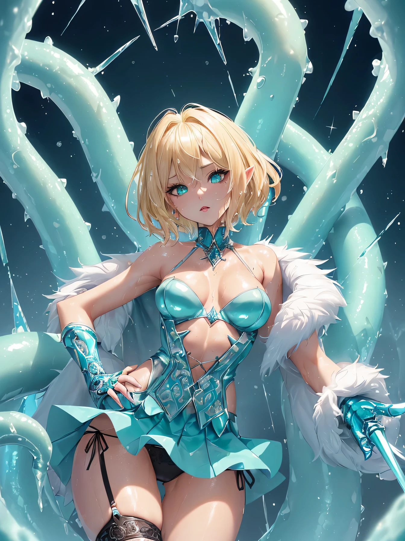 high resolution:1.7, incredibly absurdres, kawaii:1, cute:1.5, hires.fix, incredibly fine illustration,8k,masterpiece:1.2,best quality, high quality, exquisite, beautiful, insanely detailed, intricate detailed, extremely detailed, Super Definition, ultra high res, Super Resolution, best aesthetic, ultra detailed:1.5, best quality, perfect face, detailed face, masterpiece:1.2, illustration:1.2, 8k cg wallpaper, stunning art,absurdres,octane render,ultra hires,cute elf,tiny little body,(((wizard girl, gothic style girl, wet girl))),((anime elf with extremely cute and beautiful blond hair)),((((blond hair:1.35,undercut blond hair,short hair,colored inner hair,ear breathing)))),(((green_eyes:1.3))),intricate eyes,beautiful detailed eyes,symmetrical eyes,big eyes:1.5,(((pinky skin,glowing_skin,lustrous skin:1.5,bright skin: 1.5,skin tanned,shiny skin,very shiny skin,shiny body,plastic glitter skin,exaggerated shiny skin,illuminated skin))),upward breasts,(detailed body,(detailed face)),cute,daring,zettai ryouiki,show skin,She has long eyelashes that add to her captivating appearance,arms behind back, spread legs,(((girl dressed as a ice magician,micro blue skirt,cute gothic fashion))),(((white side-tie panties))),(((aqua fur coat, aqua fur coat outfit, wearing a ice dress:1.3,aqua winter coat))), midriff peek,(garter belt,Stockings),sweat, steam,dark forest,(on tentacle pit),(((tentacles))),Gothic Choker with chains,thighlet,(Wizard's hat),holding shining sword