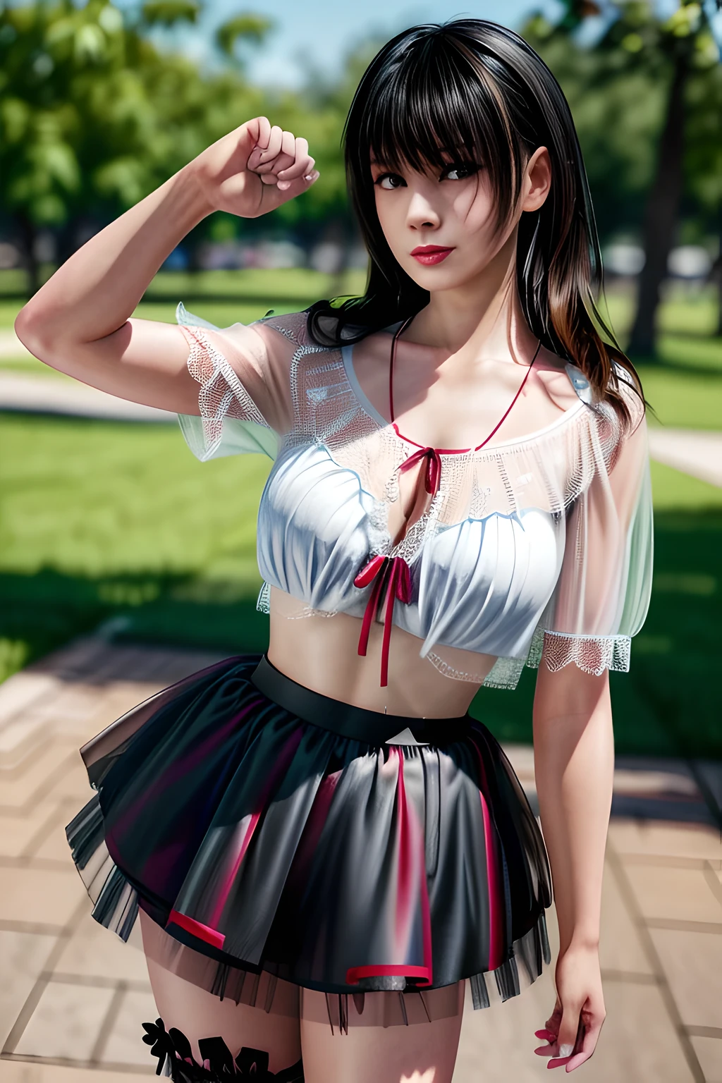 1 girl,seven waves,(mesh shirt: 1.3), (Tulle skirt: 1.4),outdoor,  (standing posture),jewelry,grace,(((red lips))), Lips slightly open,  clavicle,Lactation,(huge breasts),((8k, original photo, top quality, masterpiece), HD RAW color photos professional close-up photos, (actual, photorealism: 1.37), (best quality),8k,soft sunshine, Fabric luster,alone,