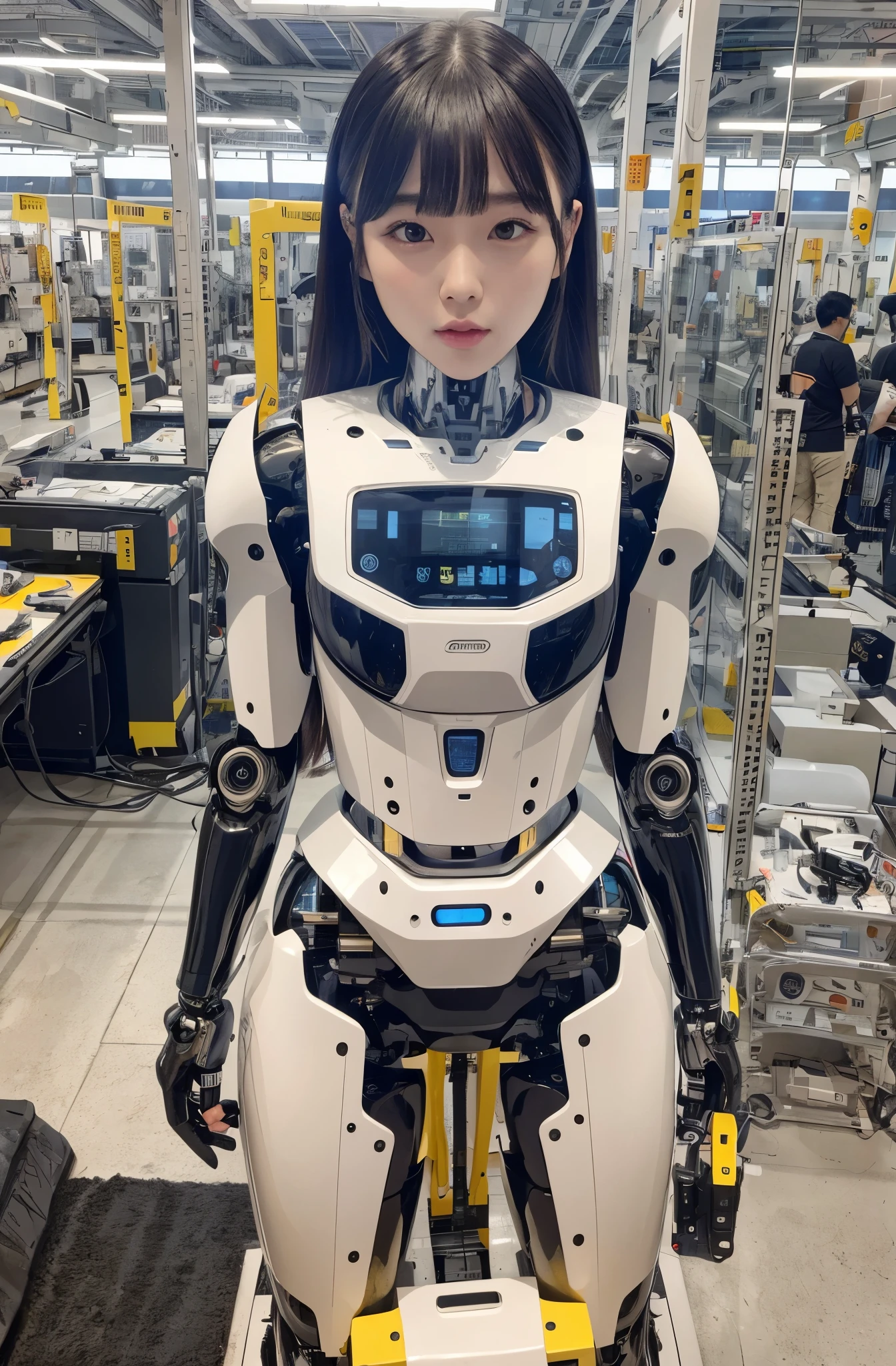 masterpiece, best quality, extremely detailed, Japaese android girl,Plump , control panels,android,Droid,Mechanical Hand, Robot arms and legs, Black hair,Blunt bangs,perfect robot girl,long tube,thick cable connected her neck,android,robot,humanoid,cyborg,japanese cyborg girl ,robot-assembly plant,She is assembling now,assembly scene