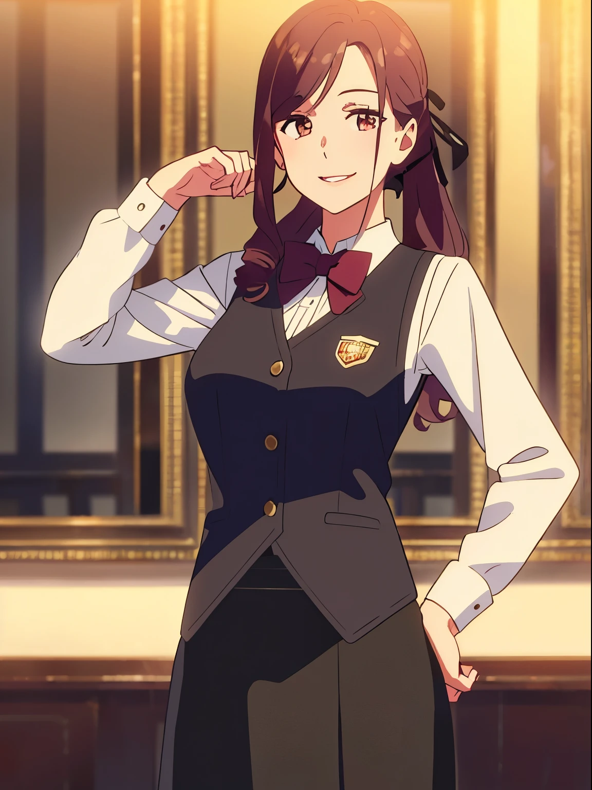 1girl, light maroon hair, long slightly curly hair, ponytail with black ribbon, two strands framing her face, Brown eyes, light pink lips, black bow tiel, black vest with buttons, white long sleeve with buttons,black skirt,waitress outfit, smile,sexy pose, cowboyshot