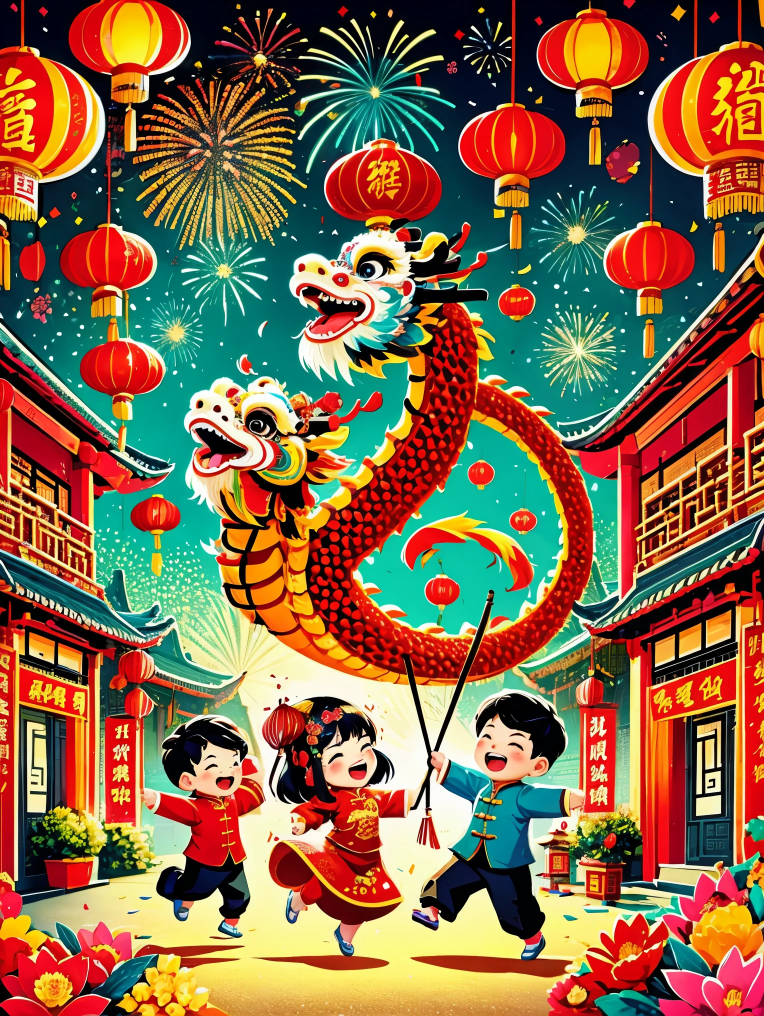 masterpiece, best quality:1.2), vitality, joy, vector style, illustration, CNY, children, dragon dance,fireworks, lantern, couplets, firecracker, red envelopes, Chinese rural architecture, festive, rich and colorful, Chinese traditional clothing, Spring Festival decoration, Traditional cultural elements, Town Square,Ultra-high saturation,Colorful, bright, super high quality, bright