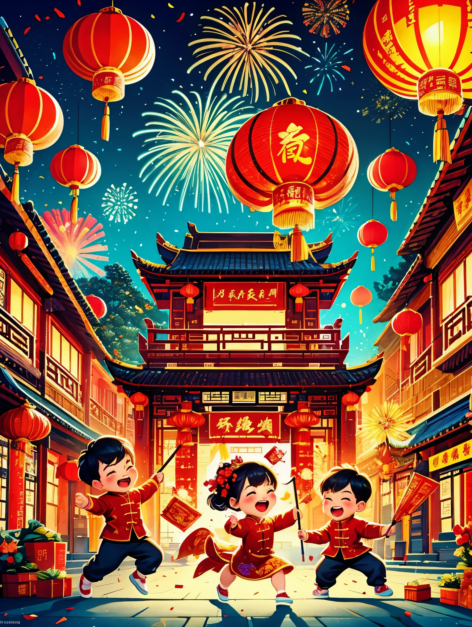 masterpiece, best quality:1.2), vitality, joy, vector style, illustration, CNY, children, dragon dance，fireworks, lantern, couplets, firecracker, red envelopes, Chinese rural architecture, festive, rich and colorful, Chinese traditional clothing, Spring Festival decoration, Traditional cultural elements, Town Square，Ultra-high saturation，Colorful, bright, super high quality, bright