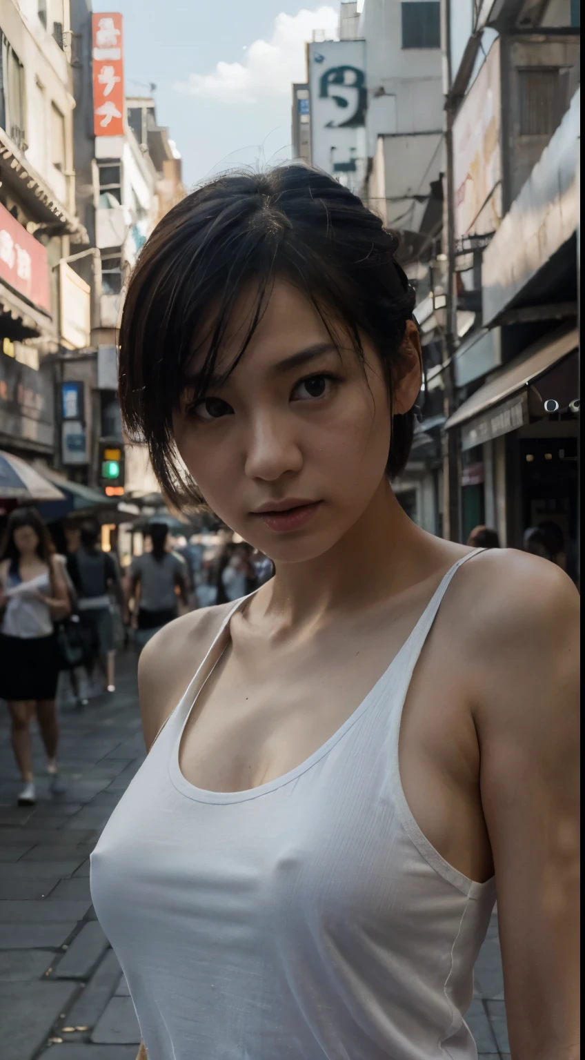 Best quality, masterpiece, ultra high res, (photorealistic:1.5), raw photo, 1girl, oriental japan chinesse, beautifull,cute,white tank top, street background , deep shadow, low key, cold light, sexy look, short hair,in crowd,straight cam