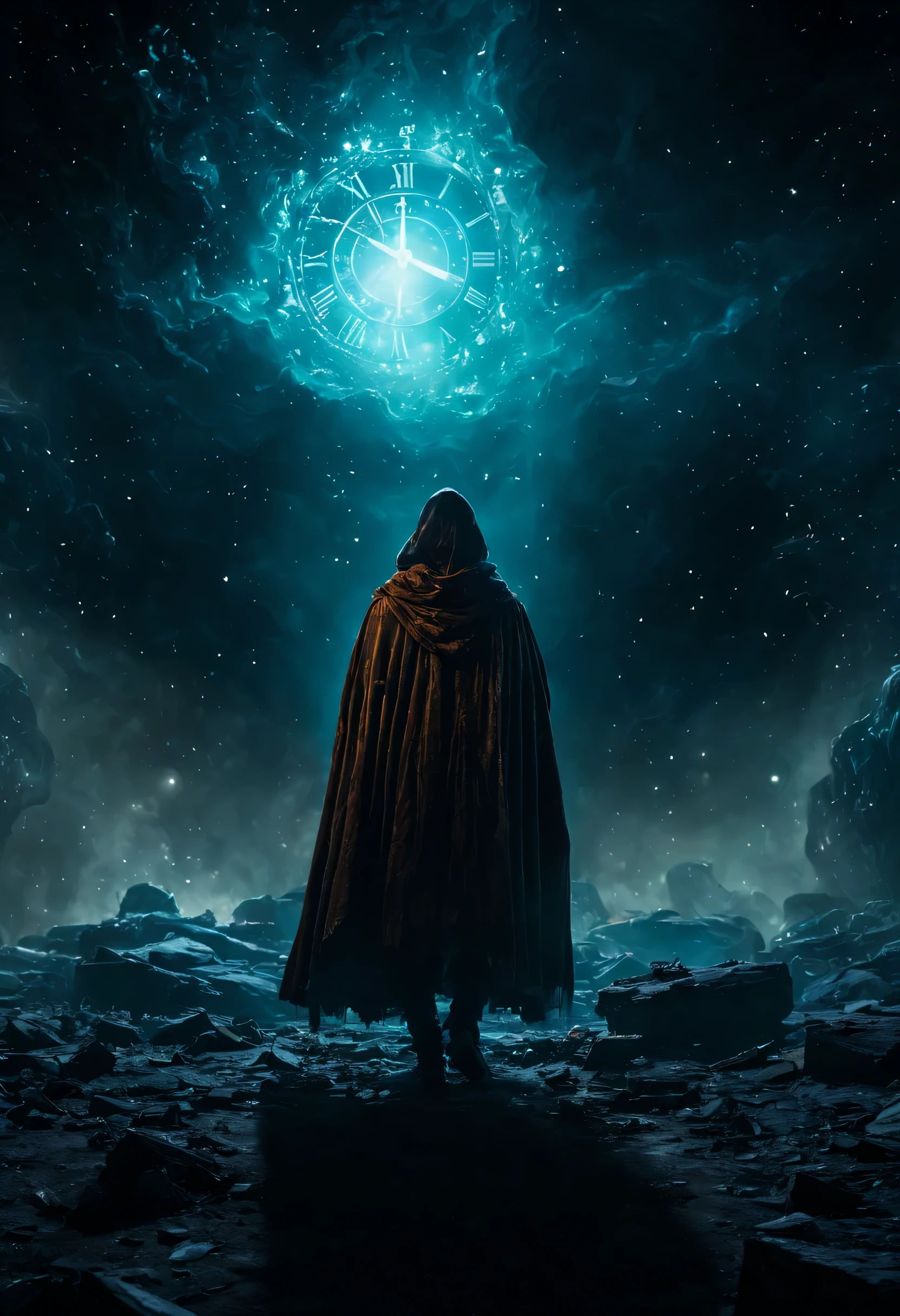 A cosmic nomad traversing the stars, their cloak billowing behind them as they explore the unknown depths of the universe. High quality, high resolution, cinematic, dark, vapor, abandoned, conceptual hyper-aesthetic dramatic ambience. 16k, extreme detail, fine textures, ((dark shadows)), dark, sharp lines, ((time the revelatory)), vivid colors. beautiful. revealing.  masterpiece.  vibrant.  (back lighting).  (void:1.2). (perspective:1.3).  (wind:1.1).  (tang:1.1). (time:1.4). (decay:1.3). (fog:1.1). (ruin:1.1) Shot on a Hasselblad high format camera with a 100mm lens, this portrait is a stunning example of visual storytelling, this cinematic. (35mm, F/2.8) Photo Focus, DOF, Aperture, and hyper-maximalist rendering bring this scene to life in stunning detail. This image captures every nuance and expression, It's a stunningly realistic and visually descriptive piece. The composition is expertly crafted, with global illumination adding a sense of depth and dimension.