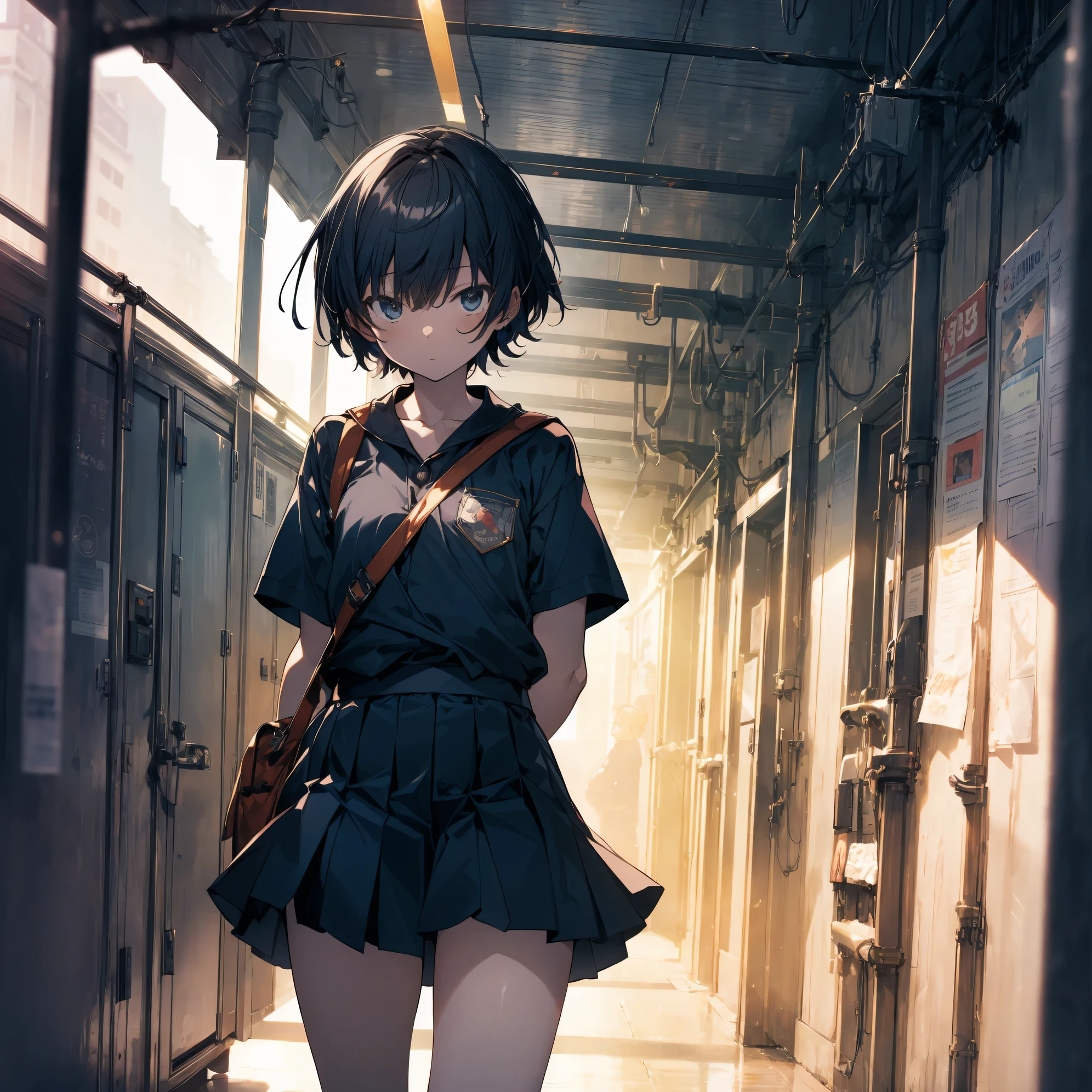 Super high quality by the art god, super detailed, High resolution, AI generated, anime moe art style, best anime 8K konachan wallpaper, pixiv contest winner, perfect anatomy, break,(眠そうにalone学校へ行く女の子を描いてください. ),break, surreal high school girl, (alone,lolita, , :1.3),All limbs, full finger,, androgynous charm, (very short hair), messy hair, flat chest, Because I'm slender, small ass, between legs, Small black eyes, beautiful and fine eyes, Well-proportioned iris and pupils, disgusted eyes, High resolutionの詳細な髪, wearing school uniform, (skirt), On the way to school. break,super dense skin, Best lighting by famous artists, 8K, figure,UHD, rough skin