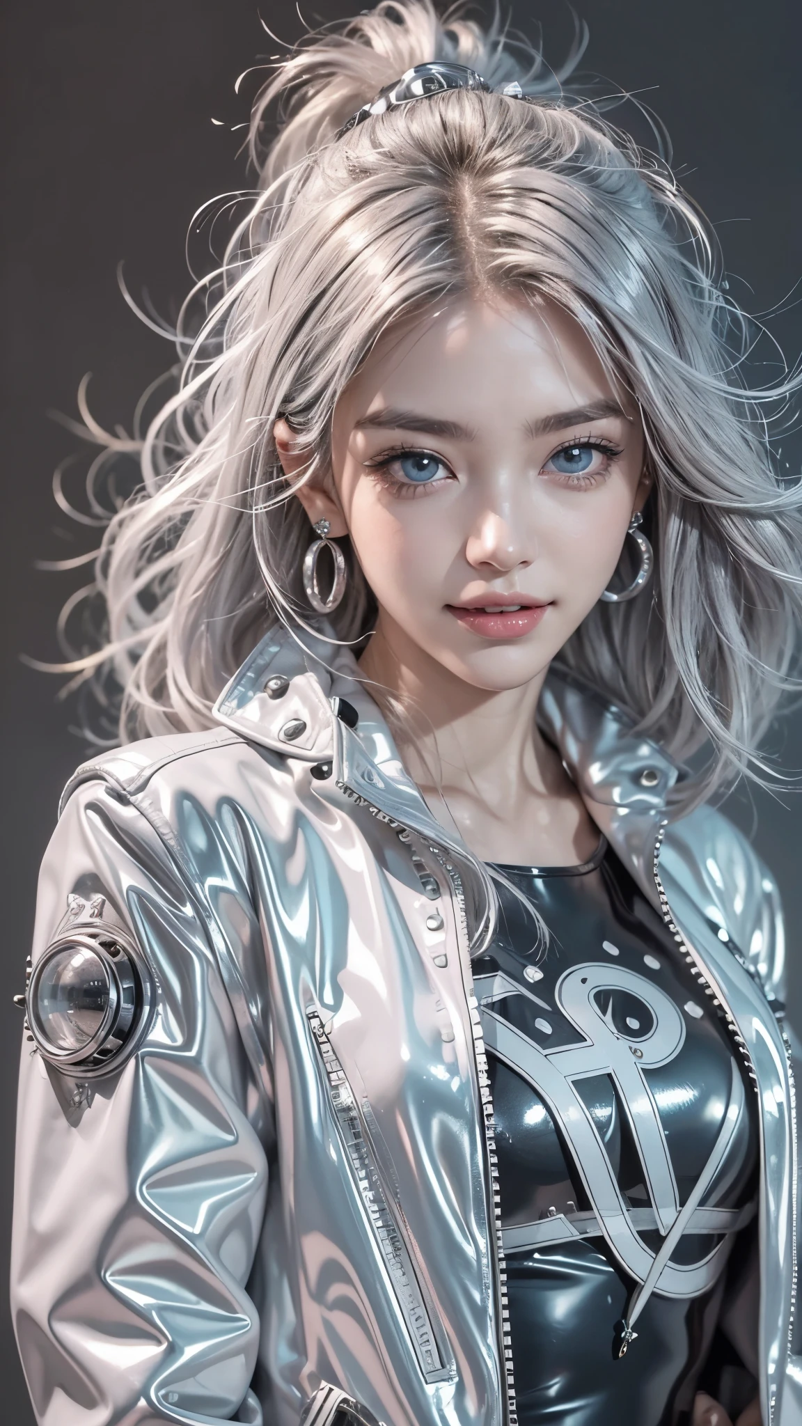 (Realistic:1.2), (fashion portrait:1.6), (brand collection, fashion brand theme:1.6), (detailed, beautiful, masterpiece, best quality:1.2), _ BREAK (1girl:1.2), 22 years old, 160 cm, Japanese cute model, Tightened all body, large Breasts, small head, small face, diamond Face, small nose, Sharp Faceline, Detailed face, Detailed eyes, young hands and fingers, beautiful hands and fingers, five fingers, _ BREAK (happy, smile, Glossy Lips:1.3), (Light color lips, Half open mouth, beautiful Teeth:1.2), (dropy eyes, Double eyelid, light color eyes, Shiny eyes:1.5), Shiny skin, _ BREAK (arranged hairstyle:1.4), (gray hair, shiny hair, _ BREAK (gray background:1.4), mist, fog _ BREAK (wide angle:1.4), (standing, fashion model pose:1.2), focus face, from below, (from front white lightning:1.4), BREAK (Cyberpunk and onepiece and latex fusion:1.3), (A-line maximum latex onepiece:1.4), (short jacket:1.4), (silver earrings:1.2),