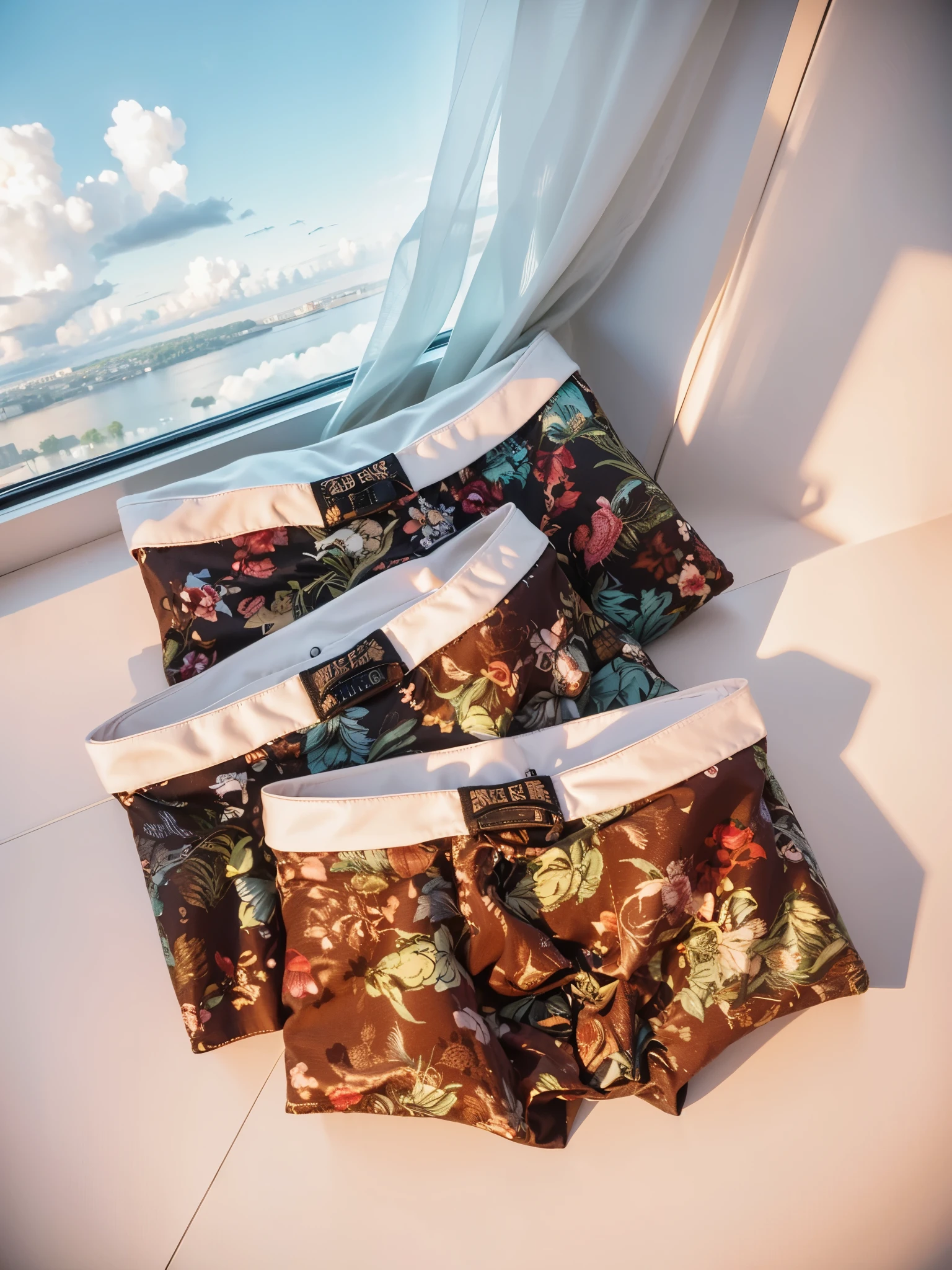 3 pairs of boxers，Place on the ground ( Hotel floor-to-ceiling windows, City：0.7, seaside：1.2) ，Tile，top view，background bokeh
